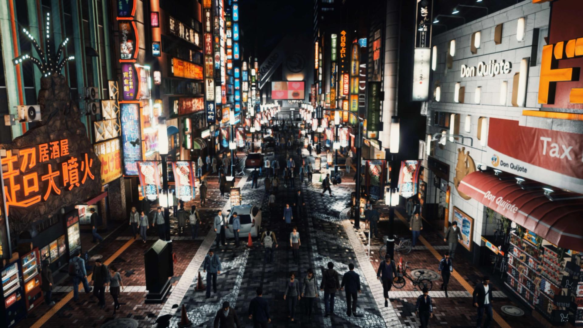 A crowded Kamurocho street at night lined with neon signs, with a Don Quijote store on the right