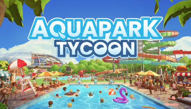 Aquapark Tycoon official Steam art, a busy waterpark with slides and a flamingo float (Boxelware)