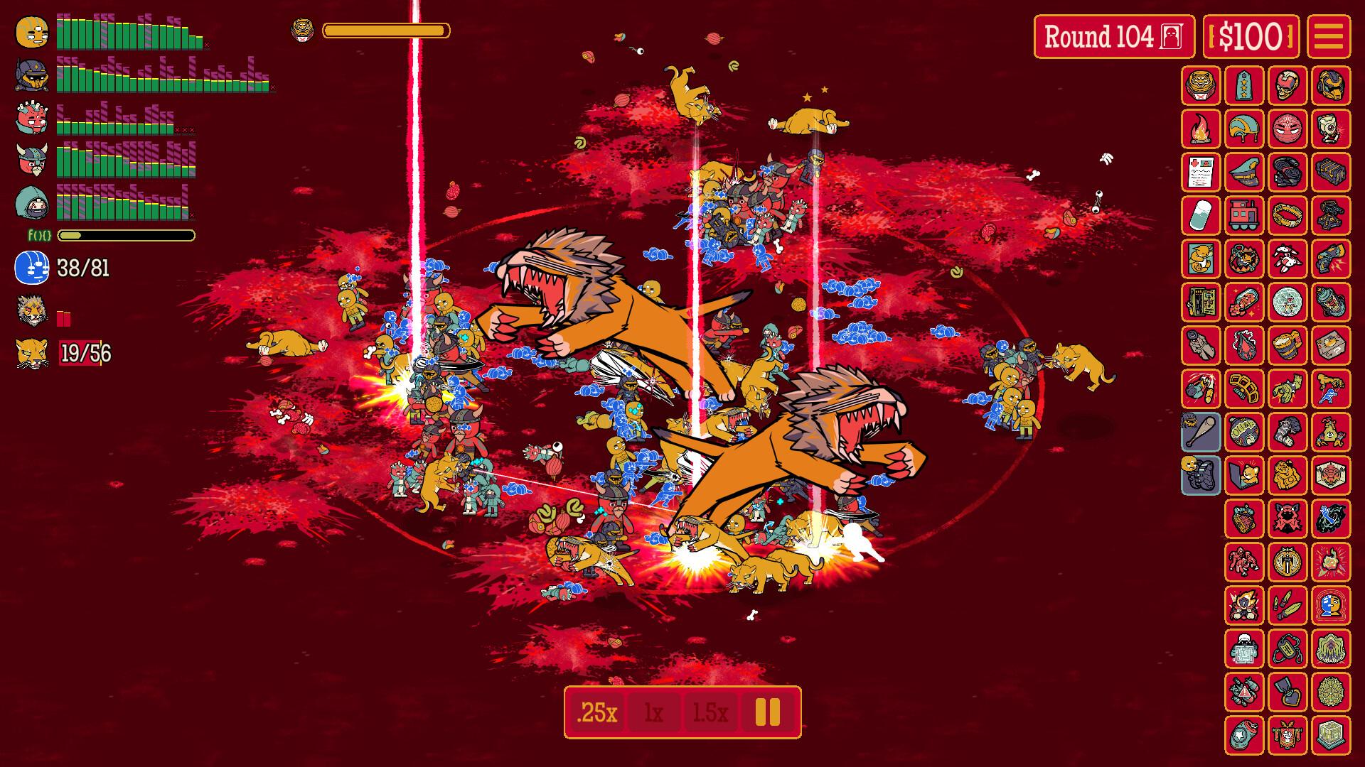 Round 104, and the things chewing through your front line have started firing lasers. The three tiers of challenge each bring their own enemies and boss fights. Screenshot via Steam / Butterscotch Shenanigans