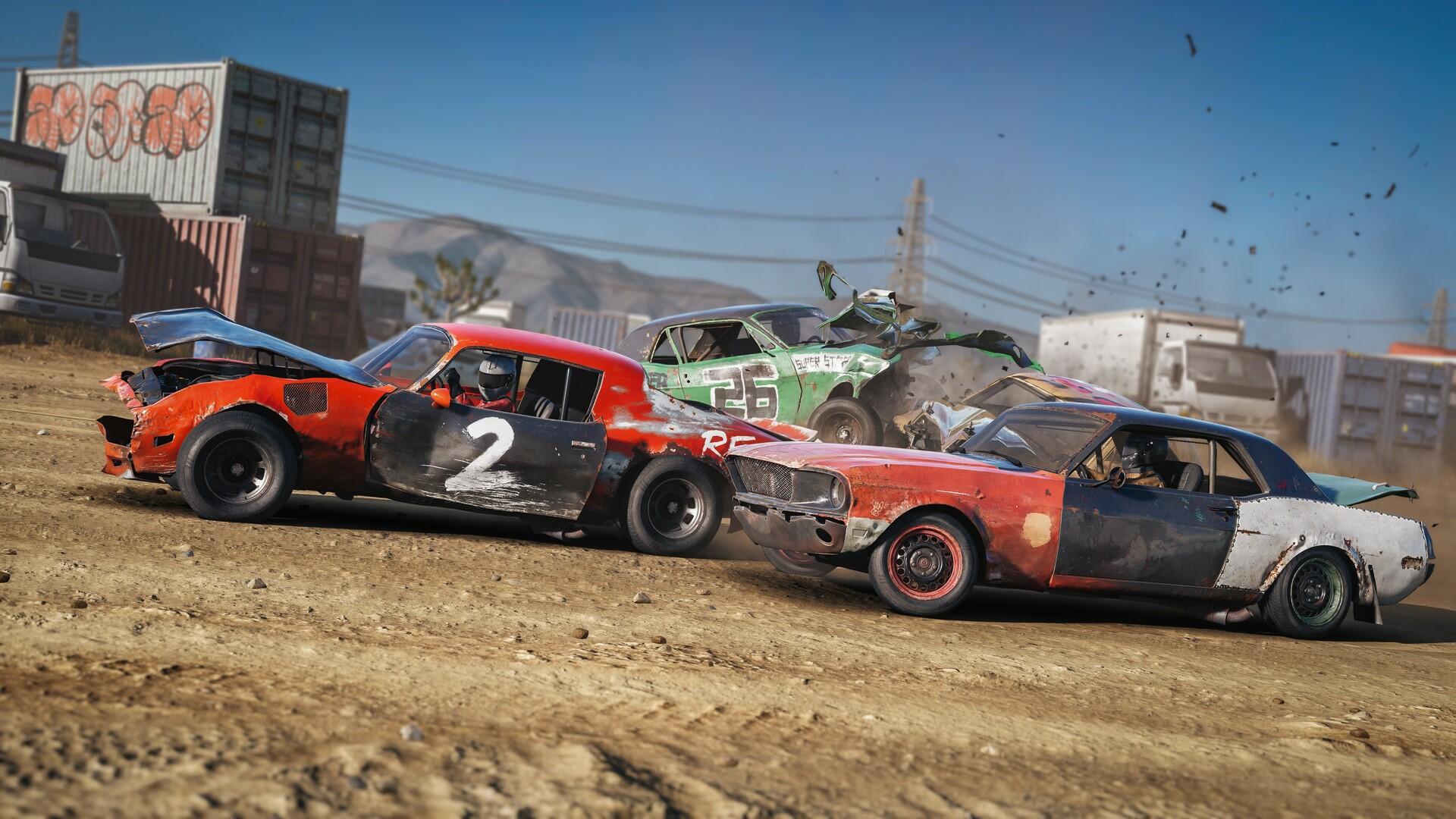 Three battered stock cars colliding on a dirt oval in Wreckfest 2