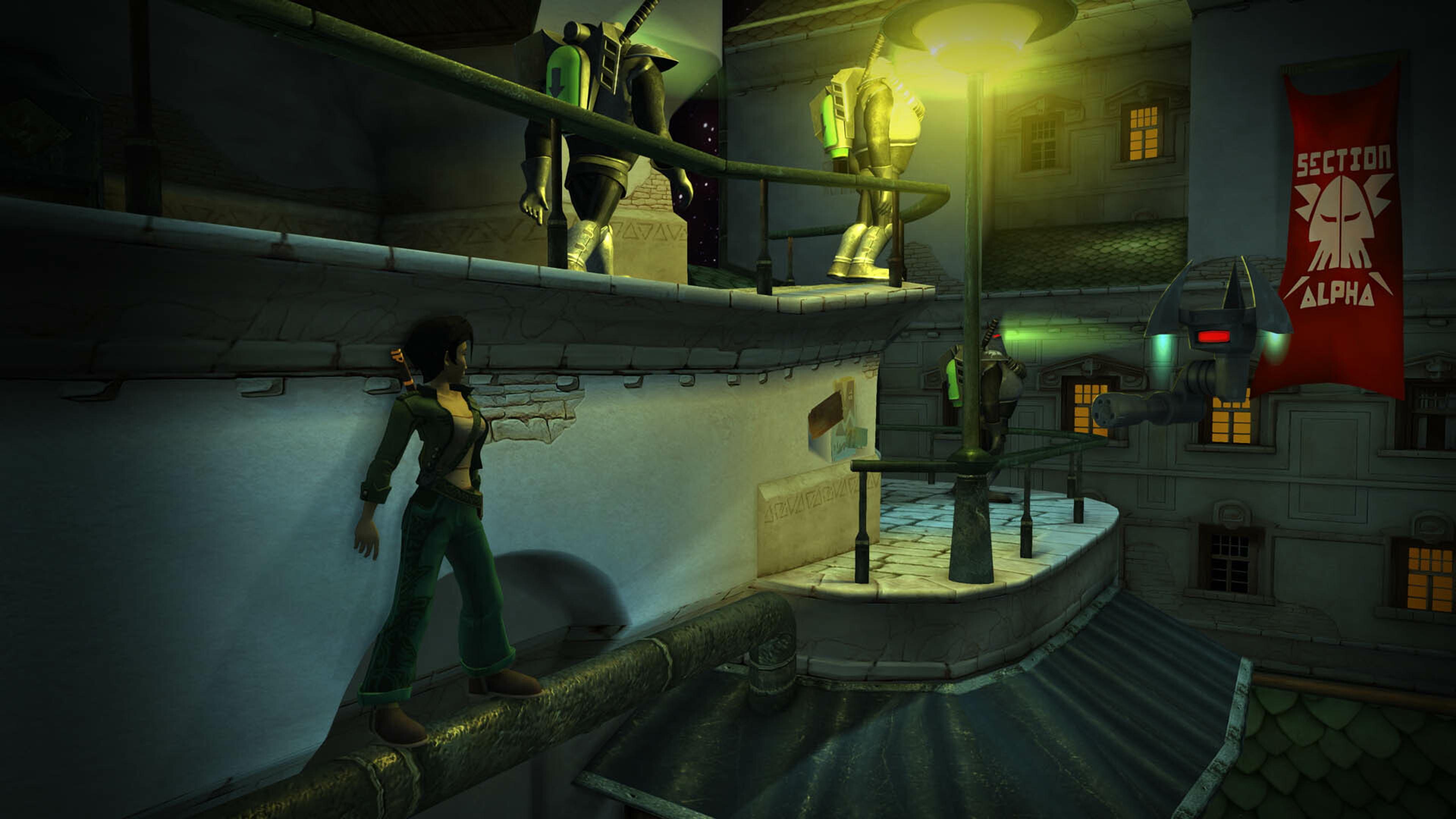 Jade walking through a street in Hillys past a banner reading Sector Alpha in Beyond Good and Evil