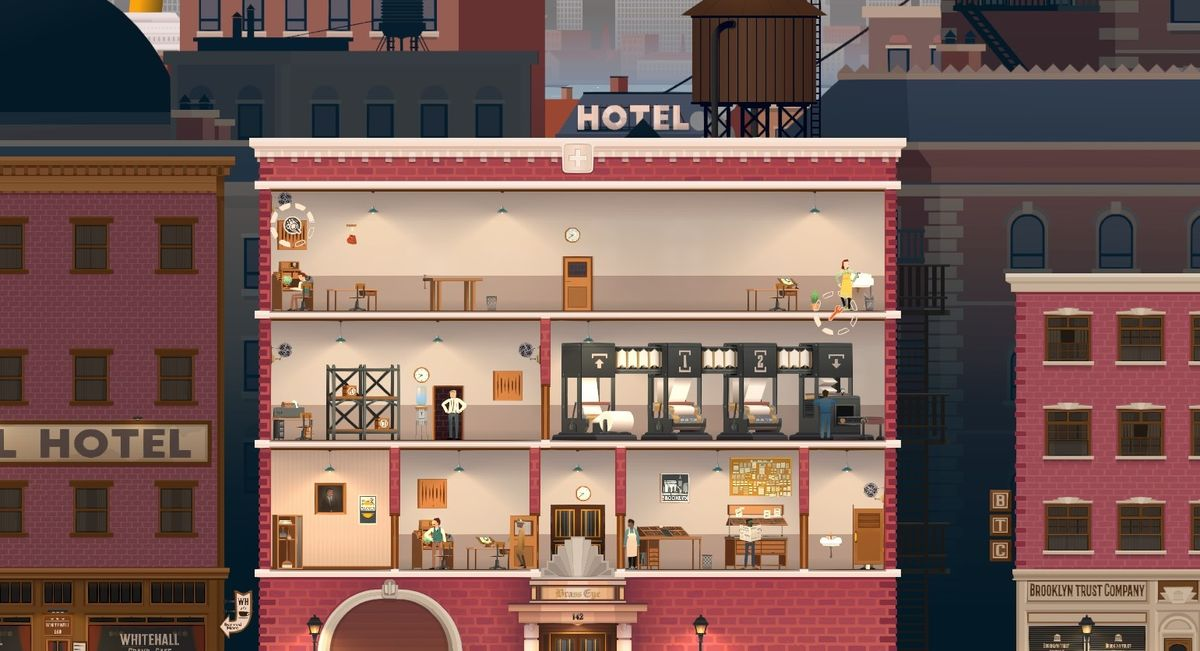 A cutaway of a city hotel building beside the newspaper tower