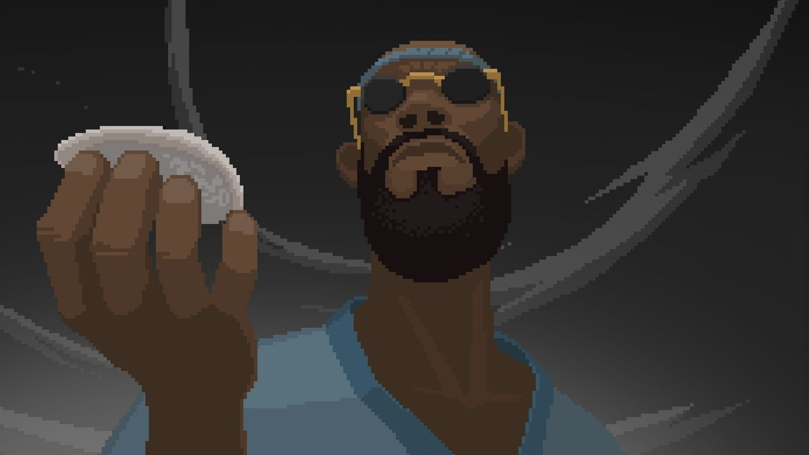 Dave in sunglasses eating a rice ball, drawn in close-up