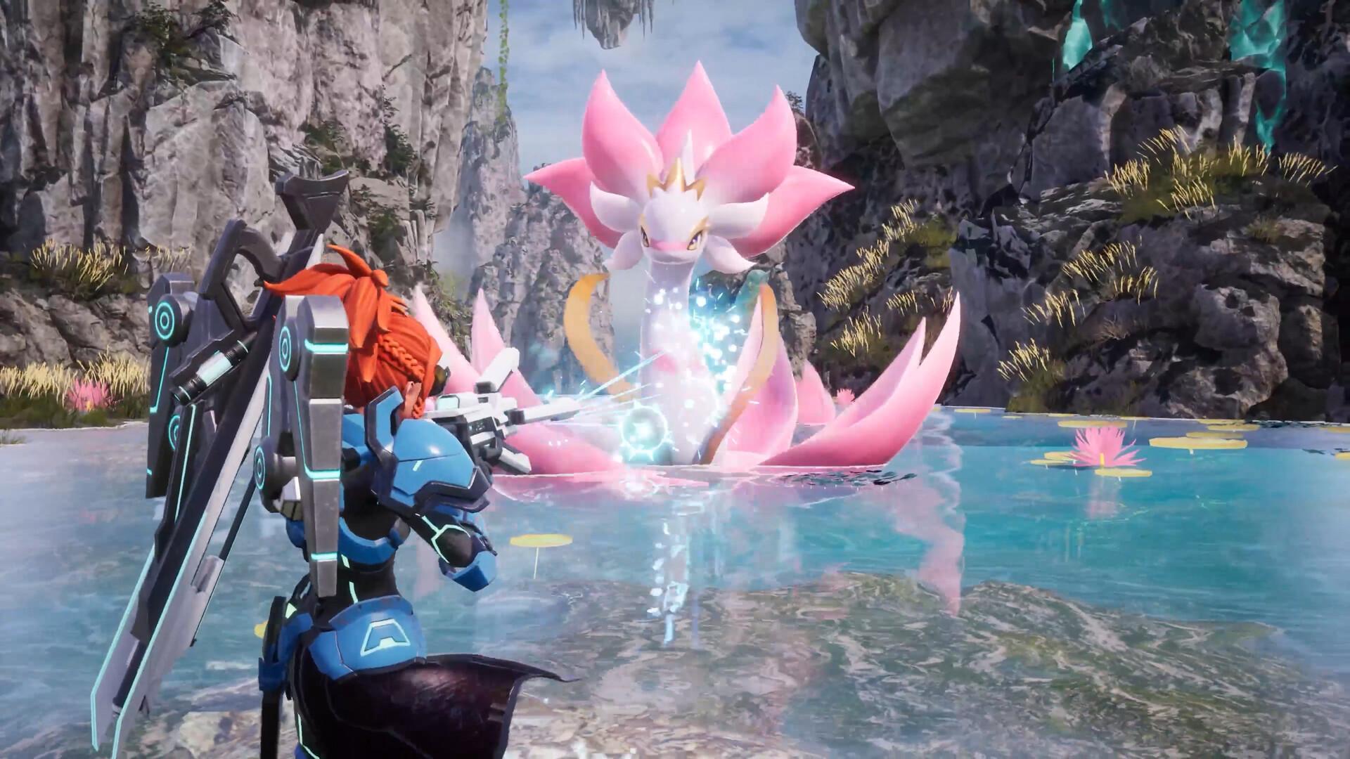 Palworld gameplay: a player faces a large creature in a capture-style encounter. Palworld's creature-catching mechanics sit at the centre of Nintendo's patent claims. Screenshot via Steam / Pocketpair.