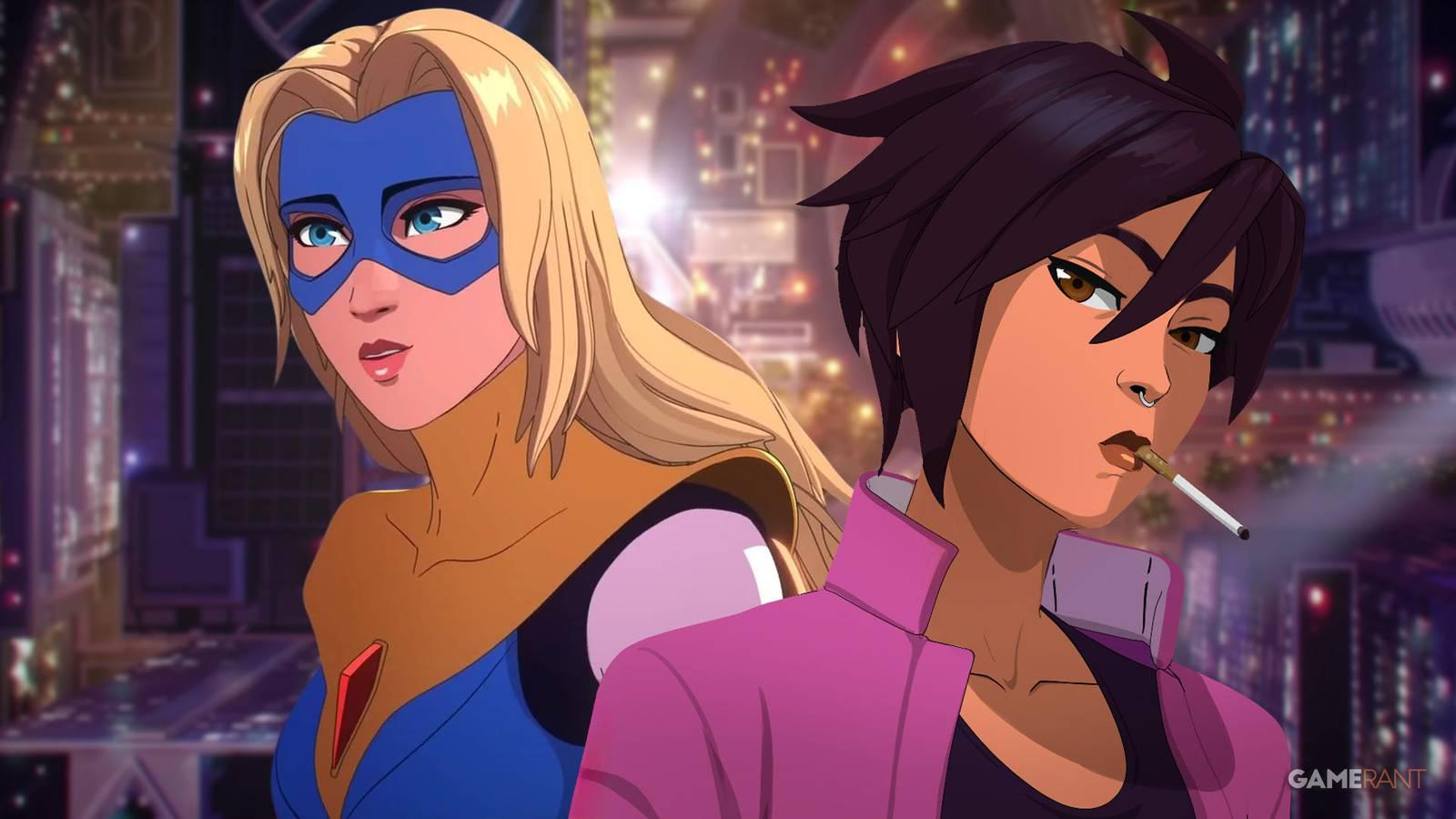 Two masked heroines in close-up on a neon-lit street at night