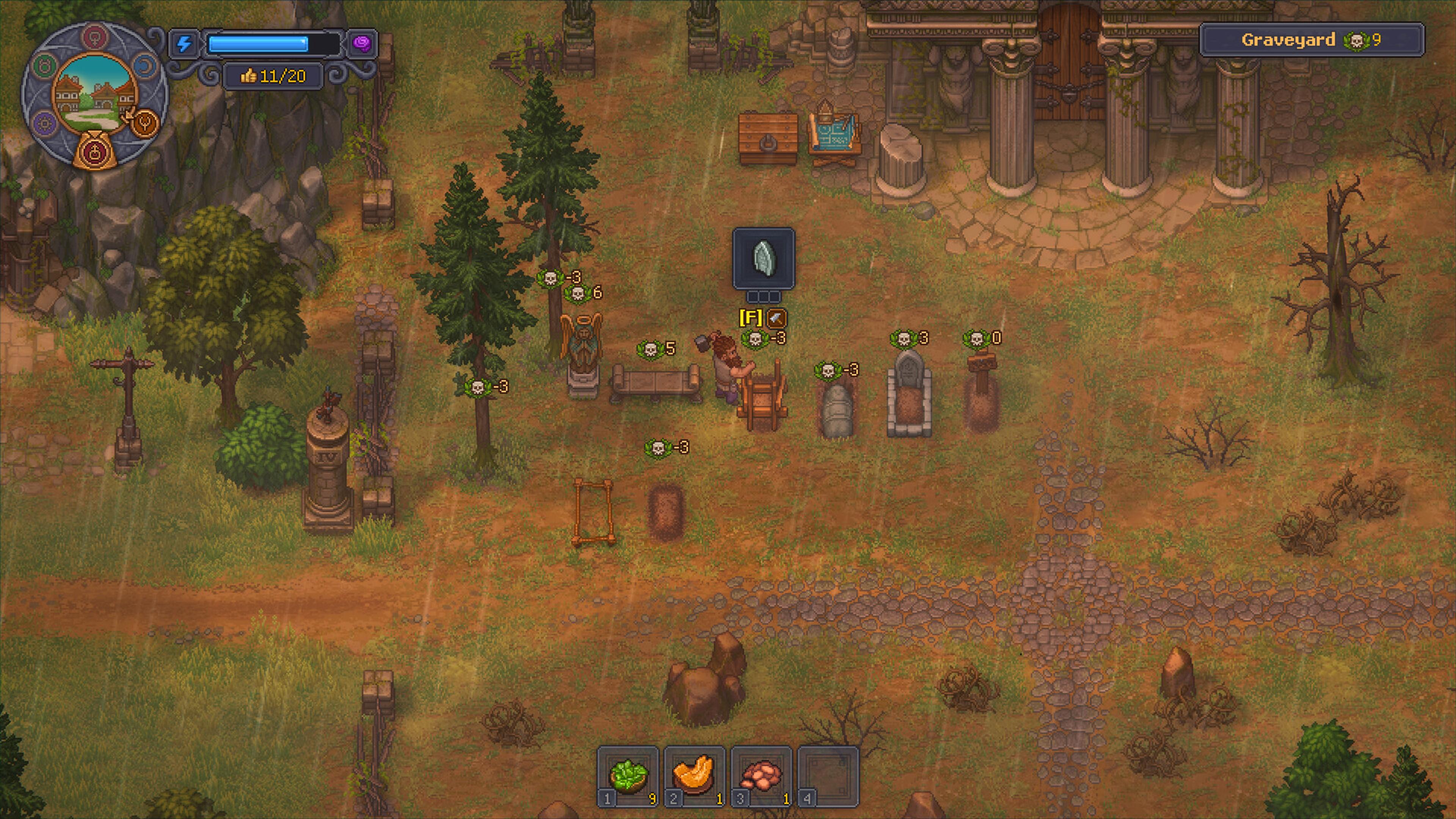 A graveyard in Graveyard Keeper 2 showing individual graves with numeric skull ratings floating above headstones and fences