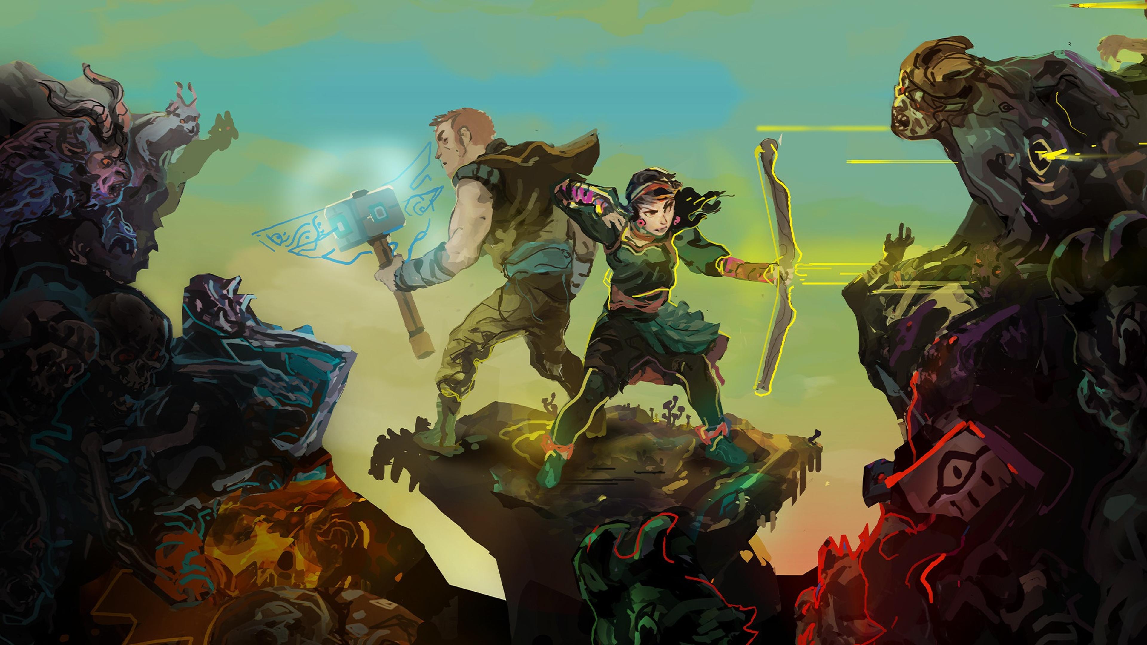 Children of Morta key art: Joey Bergson with a glowing sledgehammer and Linda Bergson drawing her bow, back to back on a rocky ledge, surrounded by dark corrupted monsters under a green and yellow sky