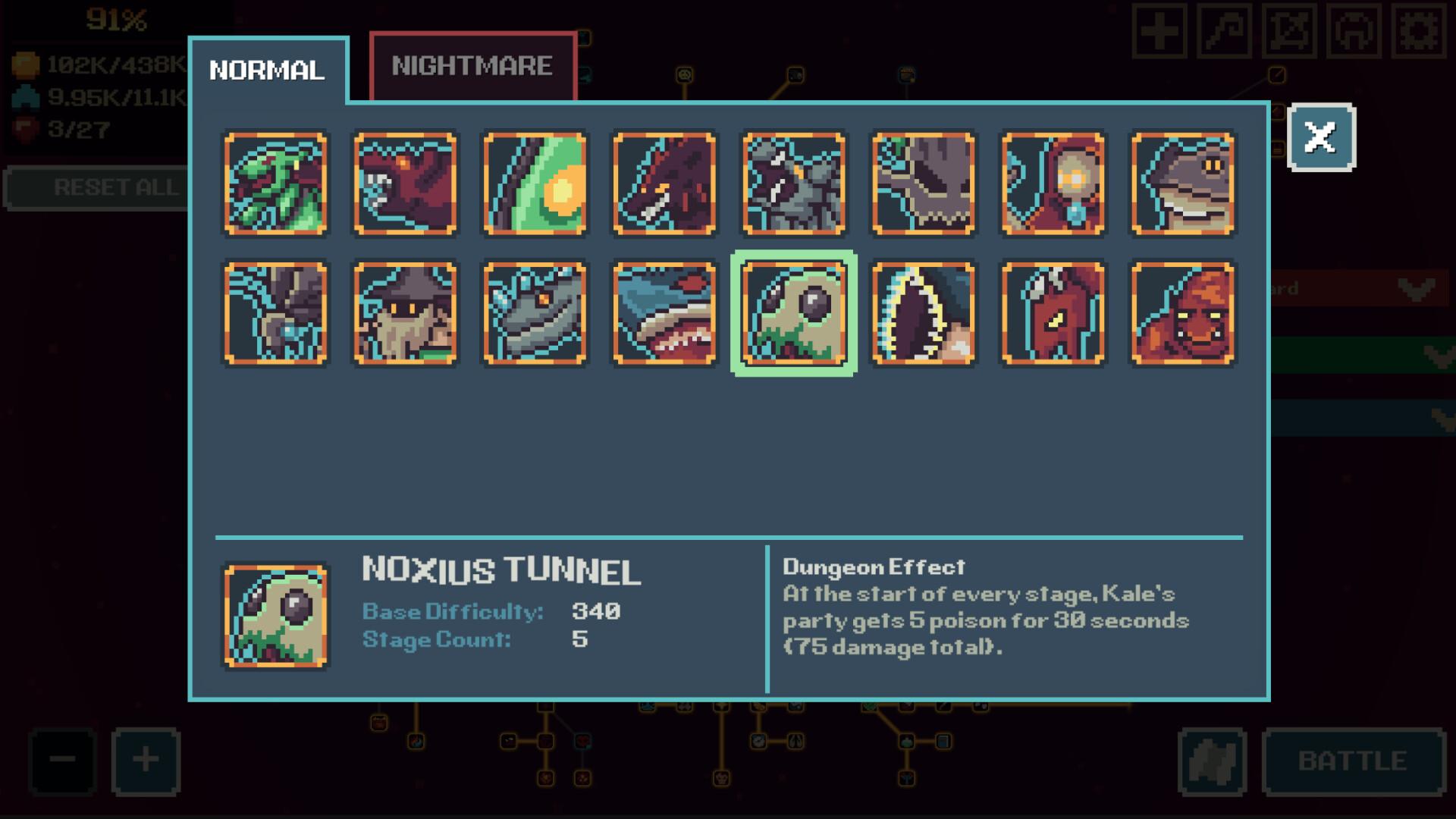 The dungeon select screen showing sixteen dungeons with Normal and Nightmare tabs, and the Noxius Tunnel detail panel listing base difficulty 340, five stages and a poison modifier