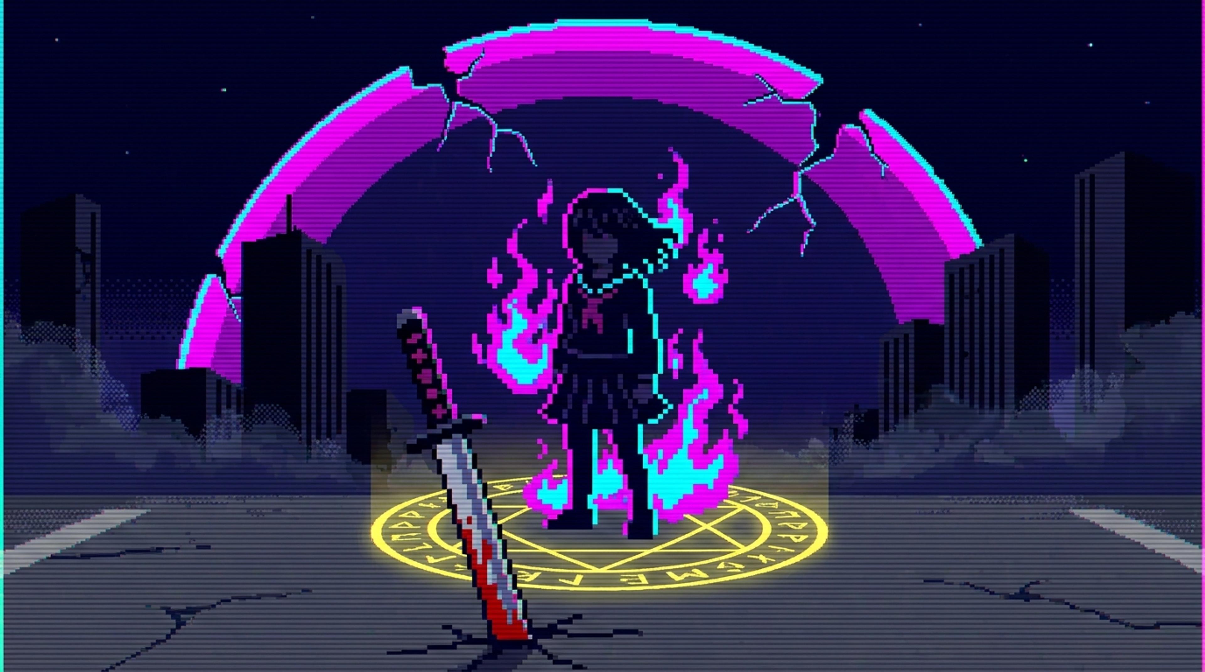 Pixel-art key art for Jujutsu Kaisen: a jujutsu sorcerer silhouette beneath a glowing magenta and cyan ritual barrier dome over a fractured Tokyo skyline, with a runed katana planted in cracked asphalt.