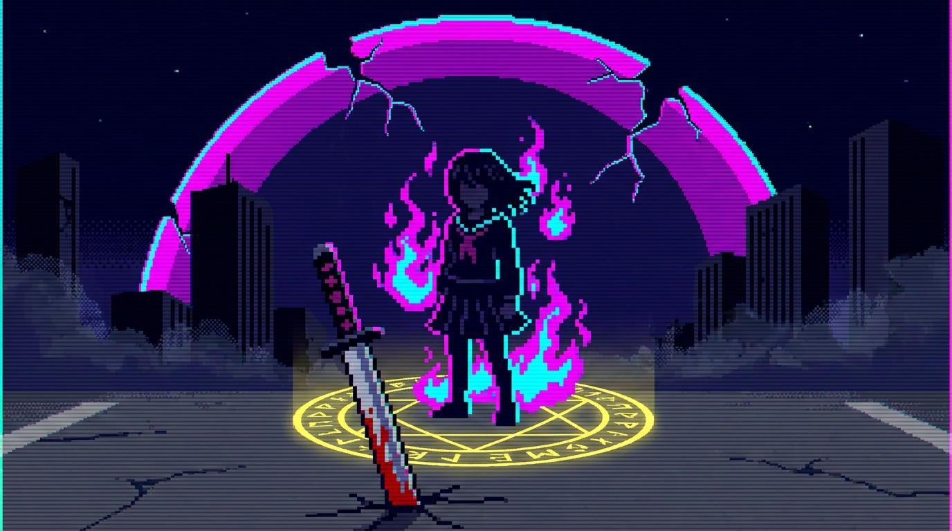 Pixel-art key art for Jujutsu Kaisen: a jujutsu sorcerer silhouette beneath a glowing magenta and cyan ritual barrier dome over a fractured Tokyo skyline, with a runed katana planted in cracked asphalt.