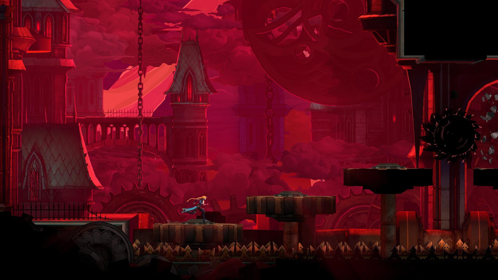 Rose Belmont runs across gears above a blood-red 1499 Paris in Castlevania: Belmont's Curse. Screenshot: Konami / Evil Empire.