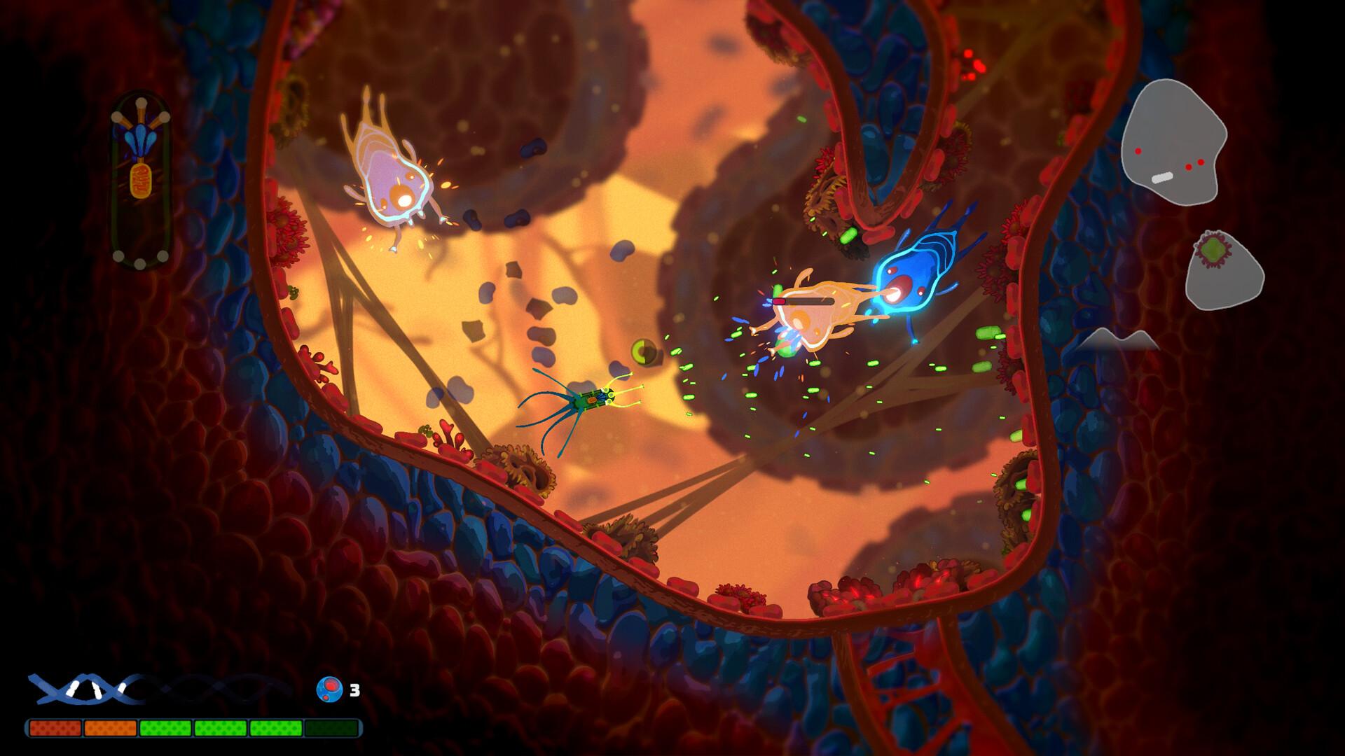 The player microbe inside a red vessel with immune cells drifting nearby