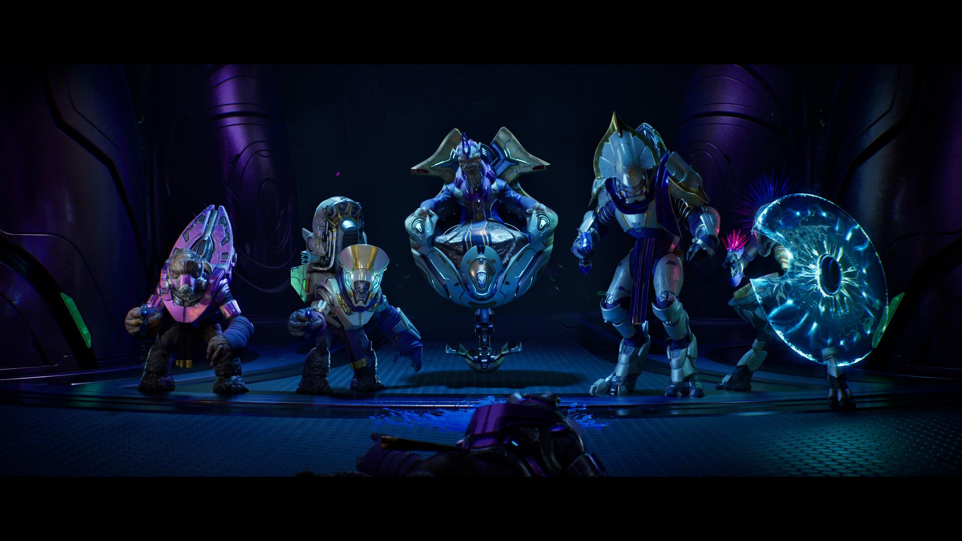 The hierarchy assembled, from Grunt to San’Shyuum. Operation METEORITE spends its three hours on who inside this room disagrees with whom. Screenshot via Steam / Halo Studios