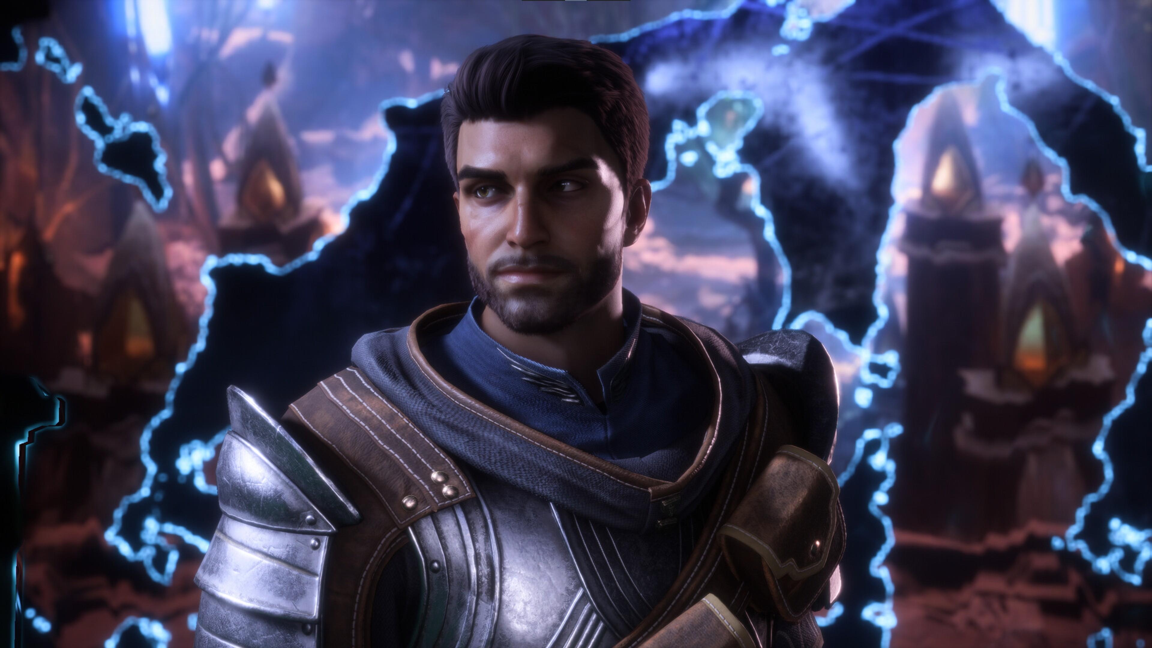 Rook, the player character of Dragon Age: The Veilguard, in plate armour in front of a glowing blue map of Thedas. Screenshot via Steam / BioWare.