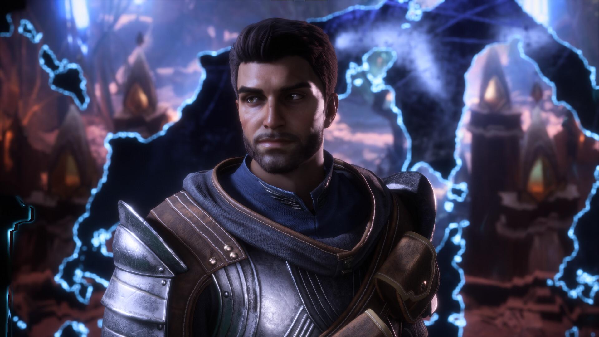 Rook, the player character of Dragon Age: The Veilguard, in plate armour in front of a glowing blue map of Thedas. Screenshot via Steam / BioWare.