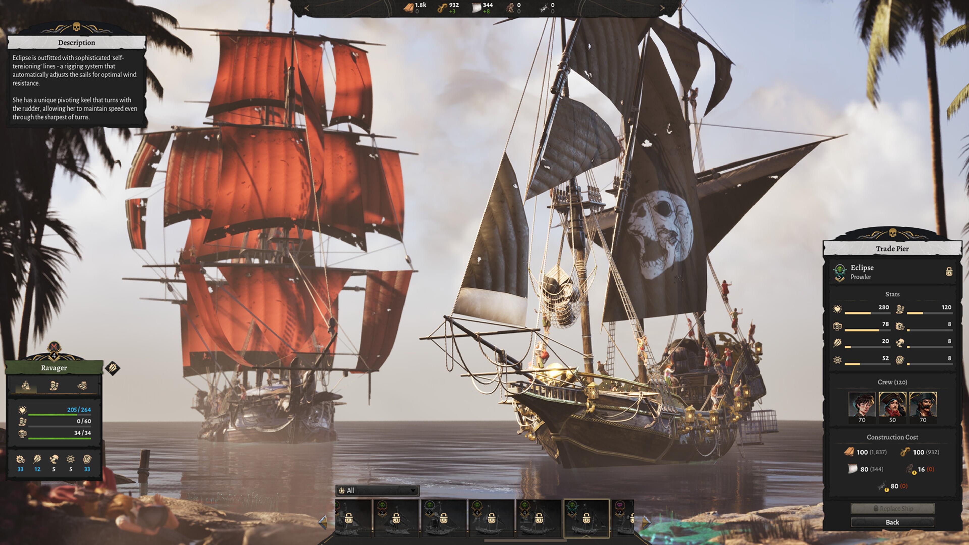 Two tall sailing ships anchored off a palm-lined shore, one with red sails and one flying a skull-emblazoned black flag, with a Trade Pier shipyard panel showing crew, stats and construction costs.