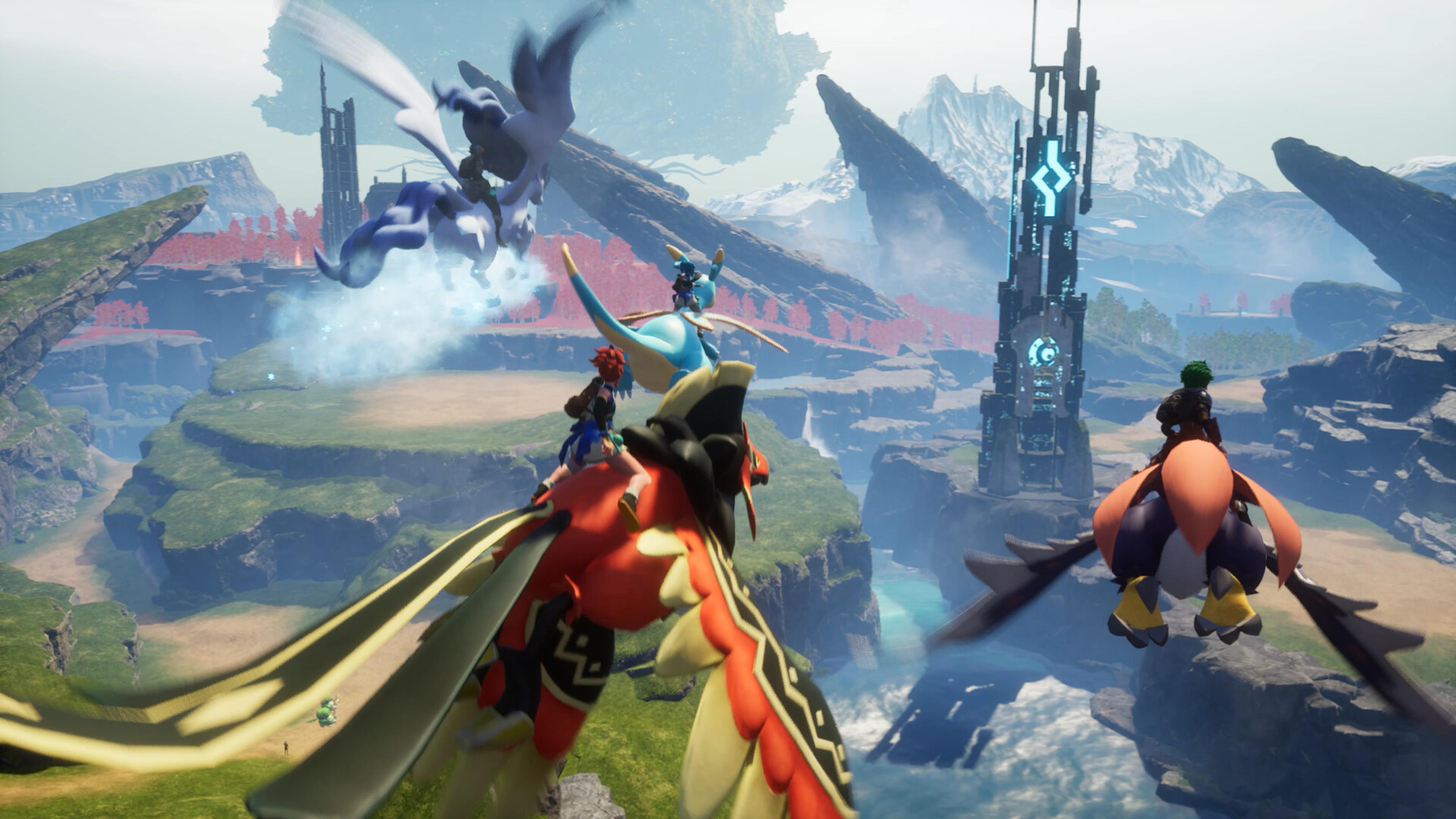 Palworld players ride flying creature companions across an open world. Screenshot via Steam / Pocketpair.