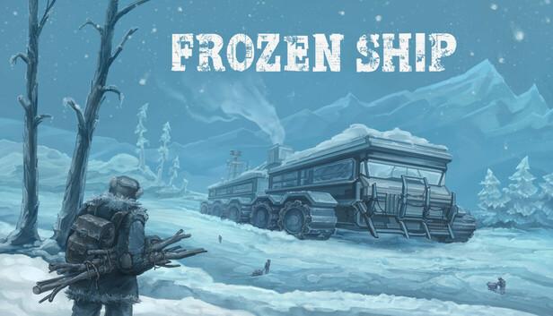 Frozen Ship official Steam art, a scavenger watching a mobile city crawler in the snow (Nionetix)
