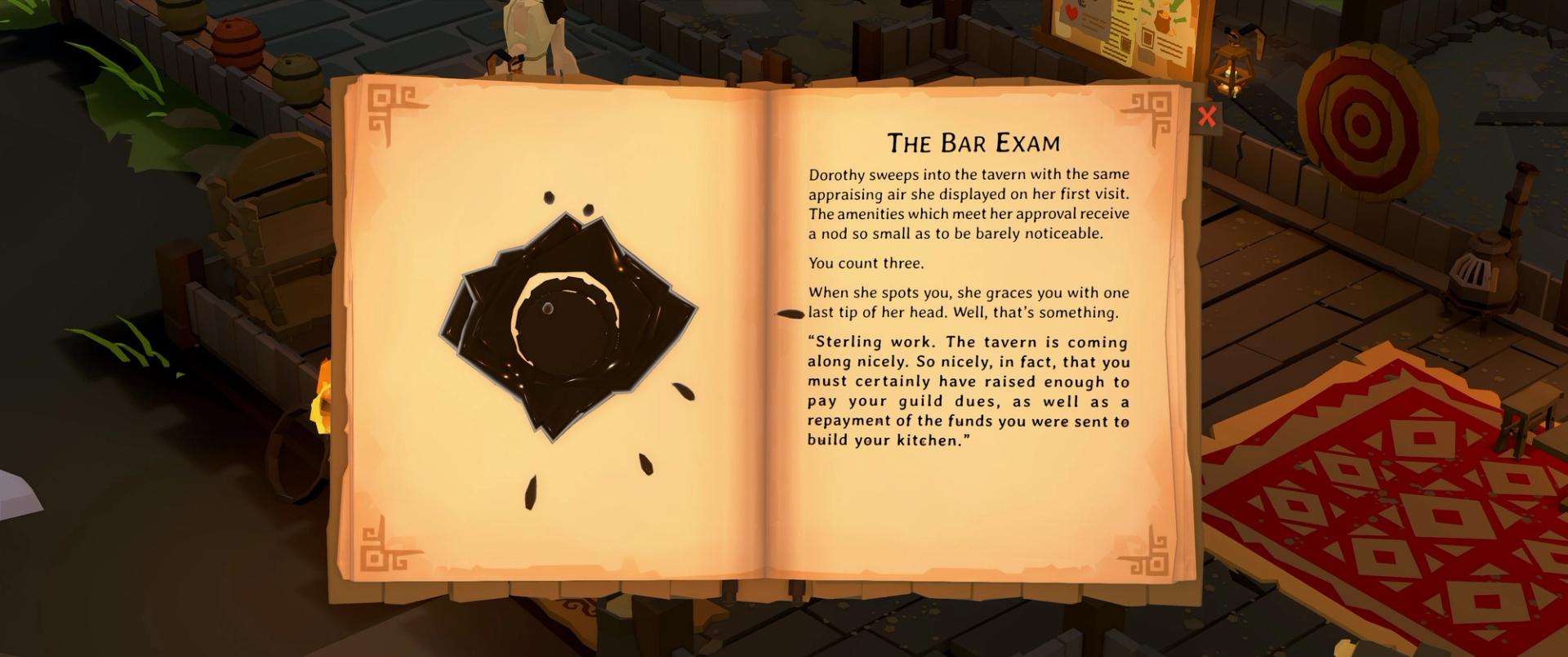 The Bar Exam page in an in-game book explaining the inspection