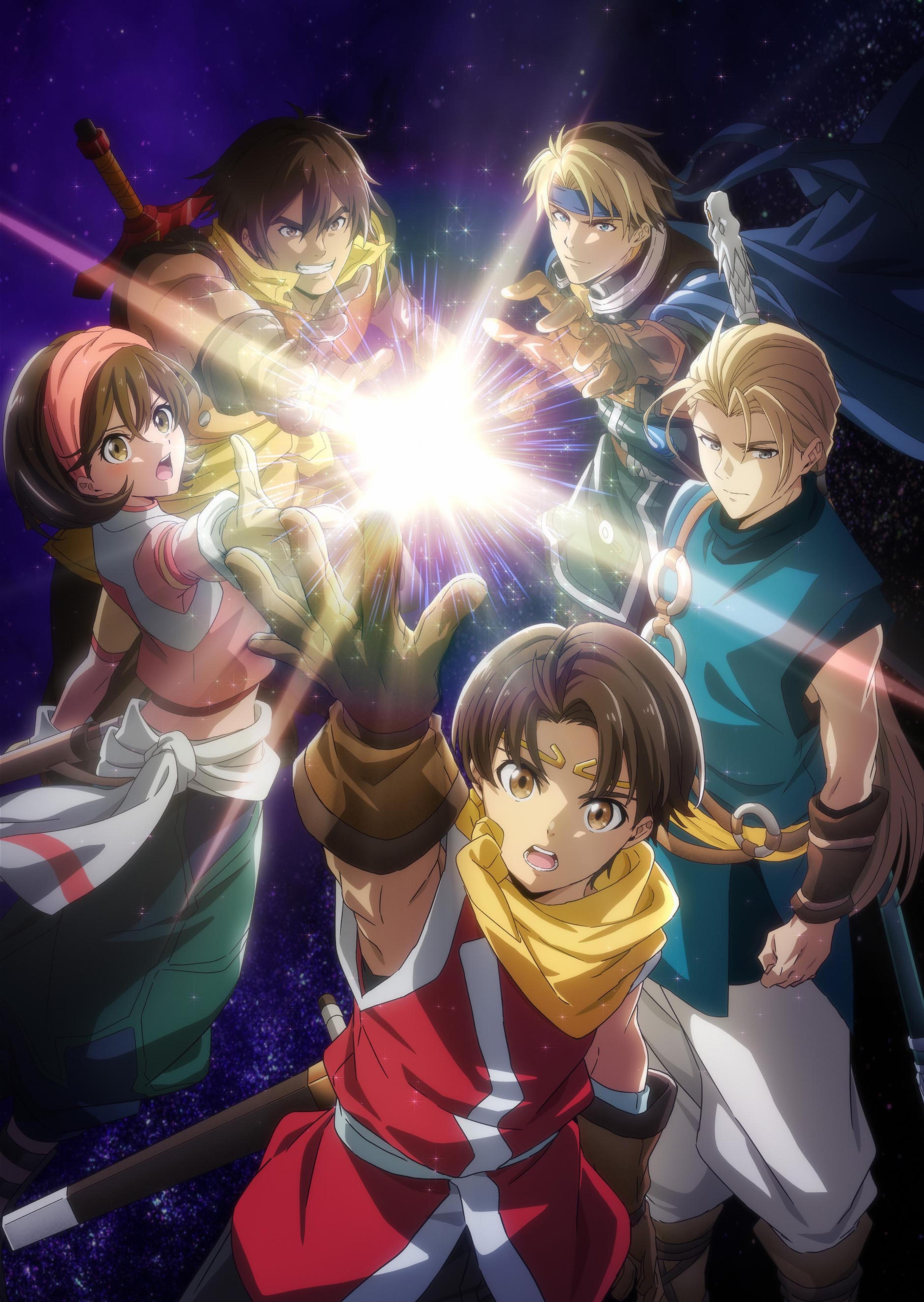 Key visual for Suikoden: The Anime showing Riliu, Nanami, Jowy, Viktor and Flik gathered around a burst of rune light