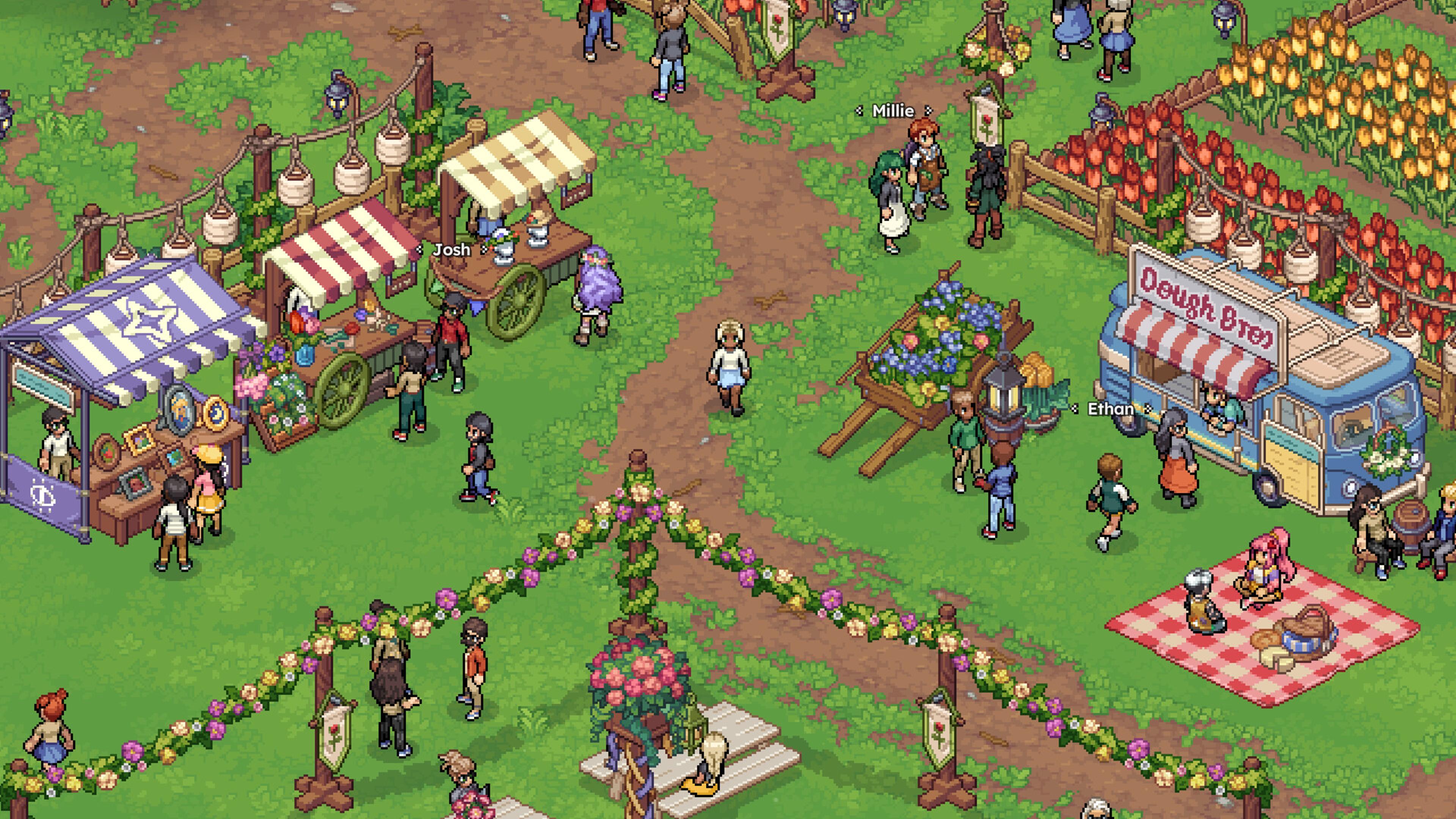 A crowded outdoor market on a grassy hillside in Witchbrook, with flower-garlanded fences, striped craft stalls, a blue food van and named villagers including Millie, Josh and Ethan wandering between them
