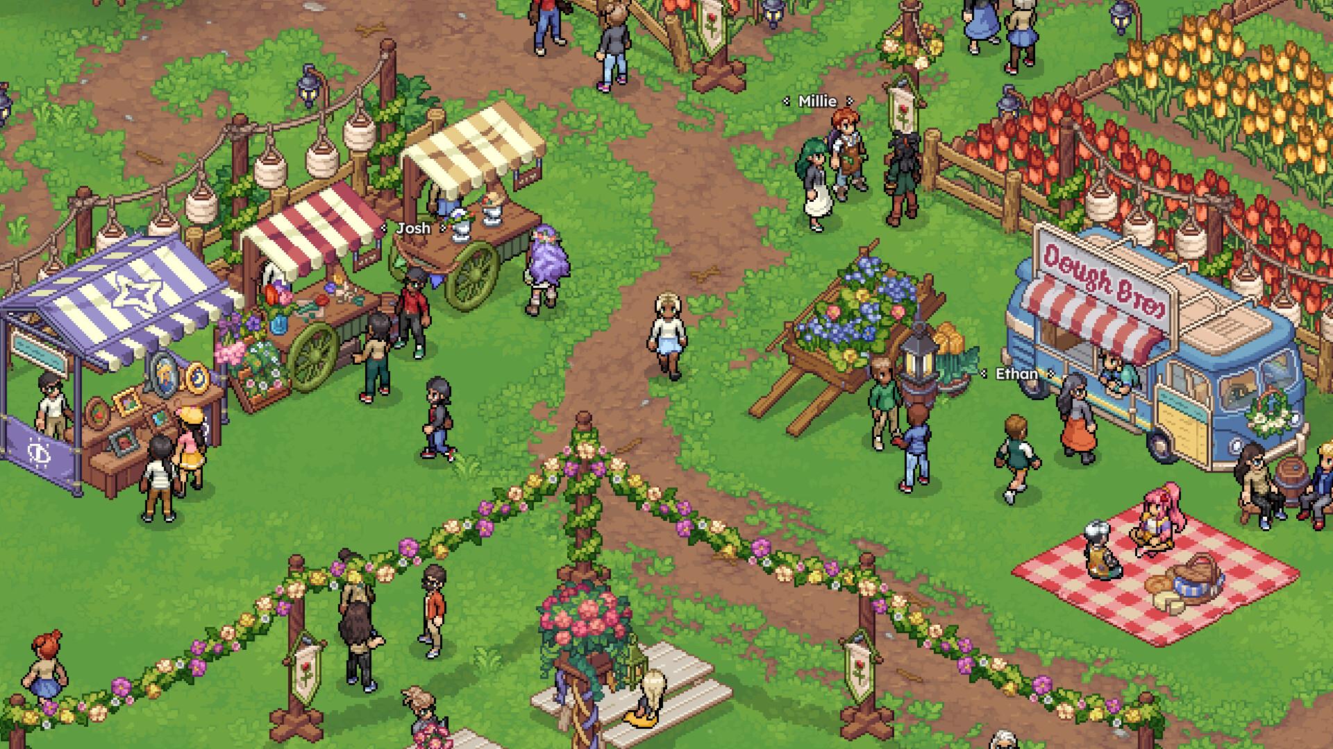 A crowded outdoor market on a grassy hillside in Witchbrook, with flower-garlanded fences, striped craft stalls, a blue food van and named villagers including Millie, Josh and Ethan wandering between them