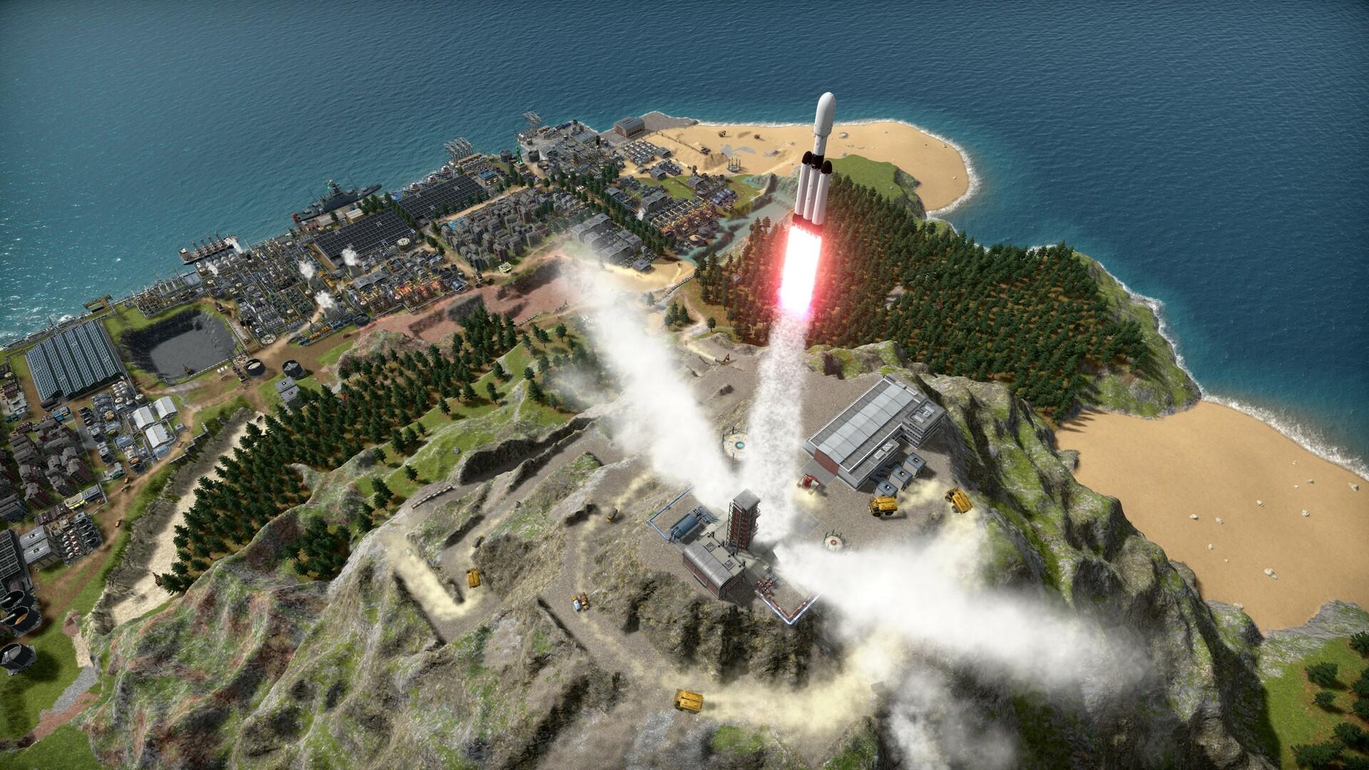 A white rocket with side boosters lifting off from a launch pad on a hilltop in Captain of Industry, trailing exhaust over an island covered in factories, housing, forest and a harbour.