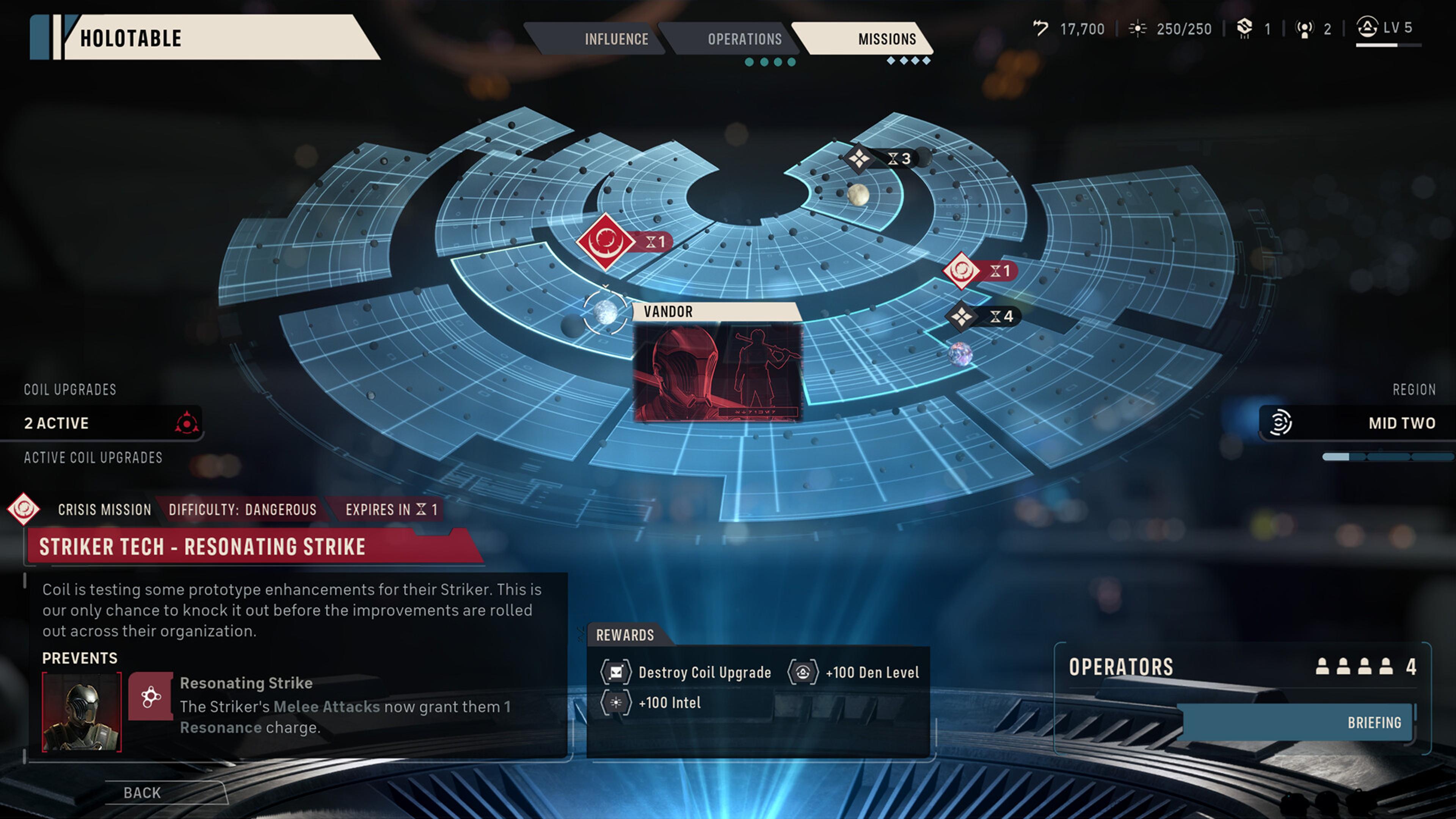 The holotable strategic map in Star Wars Zero Company showing regions, a crisis mission briefing panel and resource counters for Influence, Operations and Missions