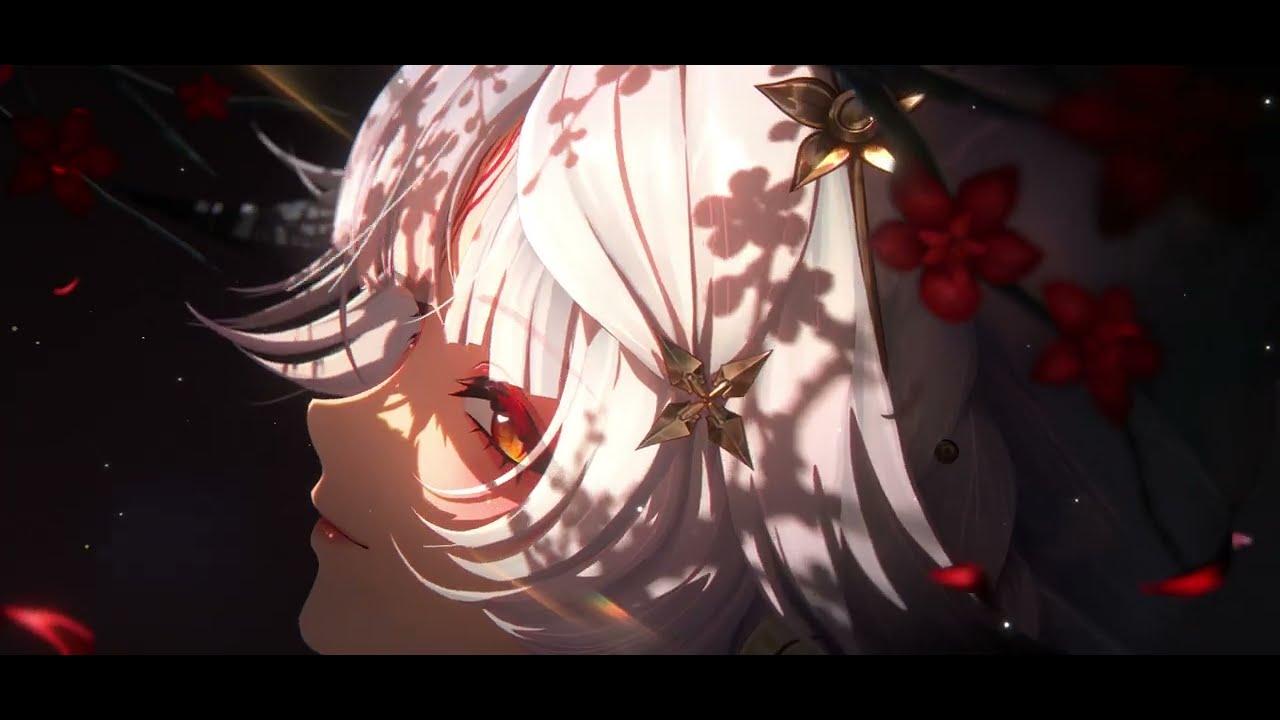 Close-up still from the Wuthering Waves: Elysium teaser of a white-haired character in profile, lit by dappled light with red flowers behind them. Source: official Wuthering Waves YouTube channel, (c) Kuro Games.