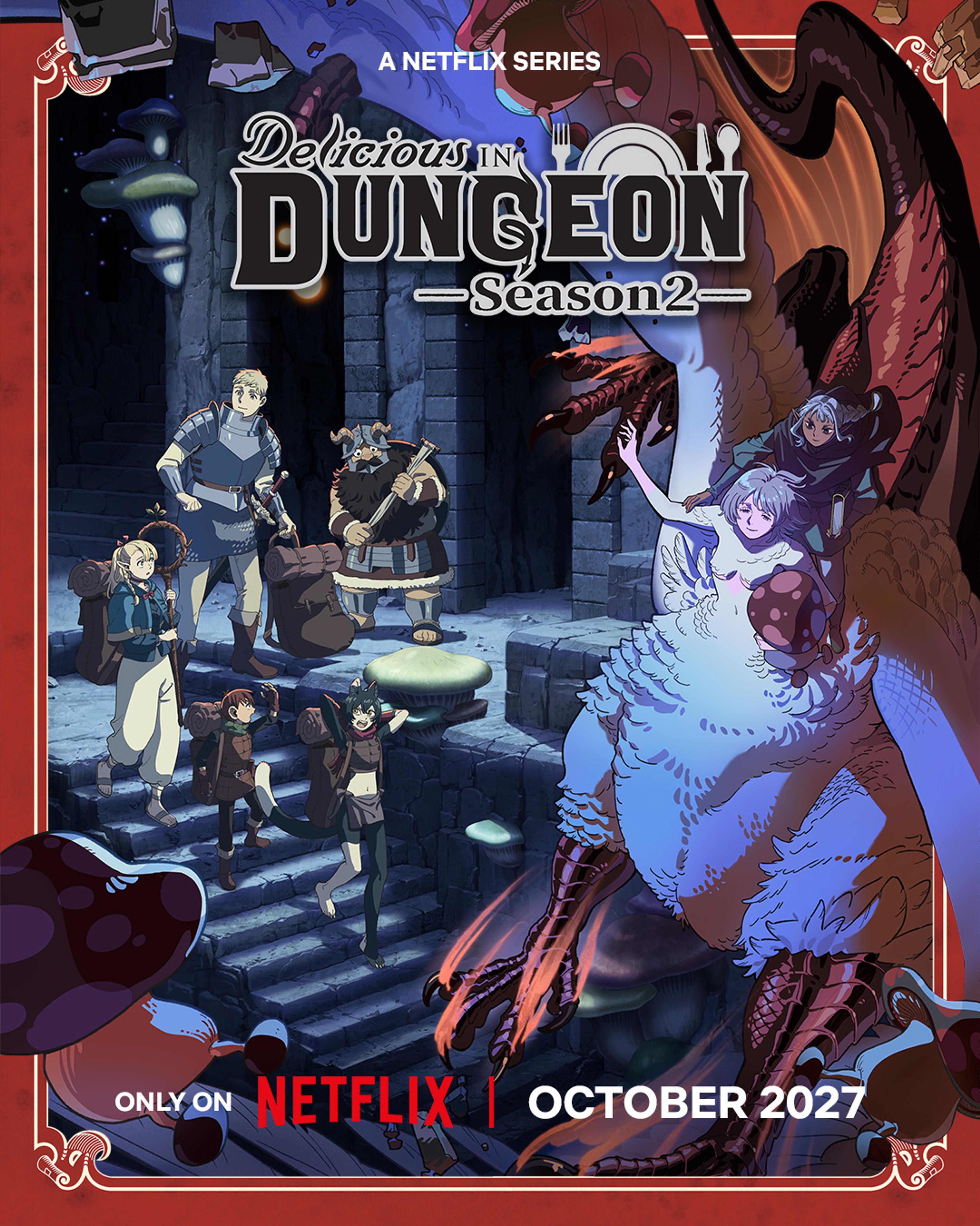 Key visual for Delicious in Dungeon Season 2 with the party on stone steps and a large dragon, marked for October 2027.