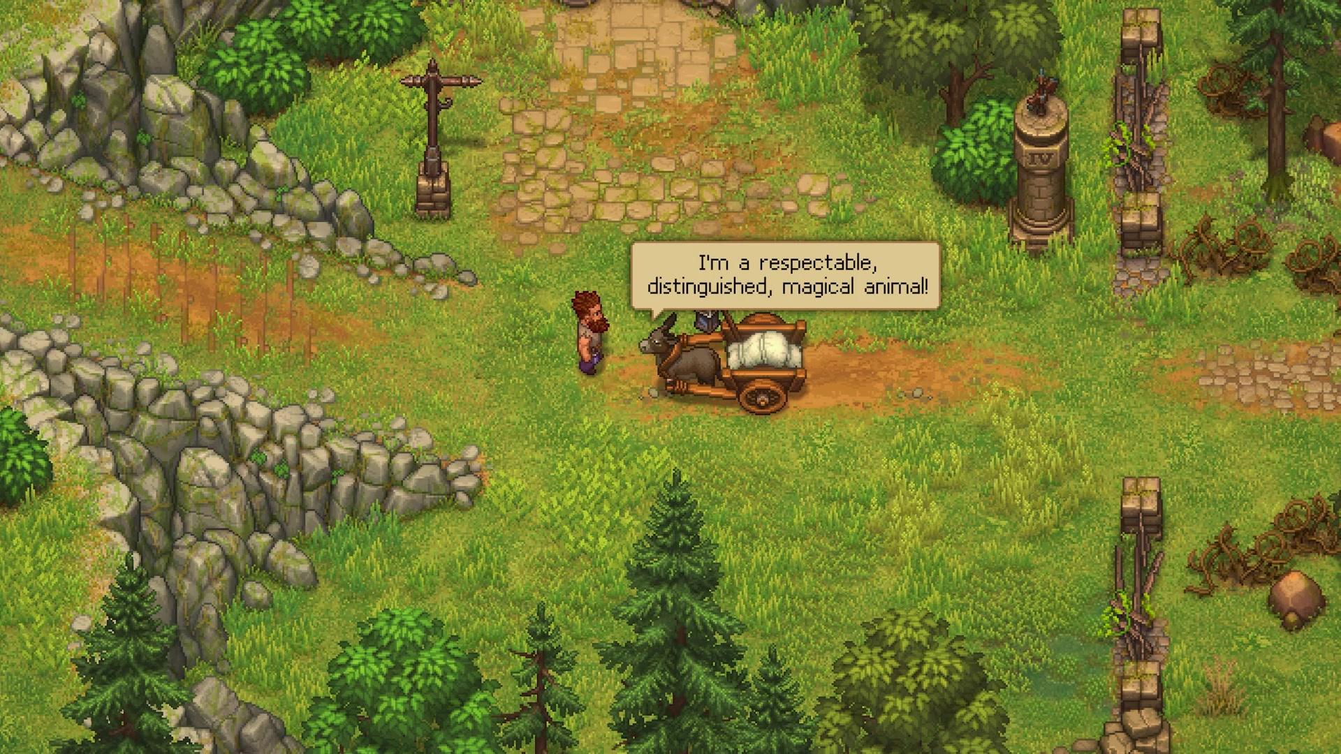 The red-bearded Keeper stands beside a donkey pulling a cart with a wrapped body on a grassy path. The donkey's speech bubble reads: I'm a respectable, distinguished, magical animal!