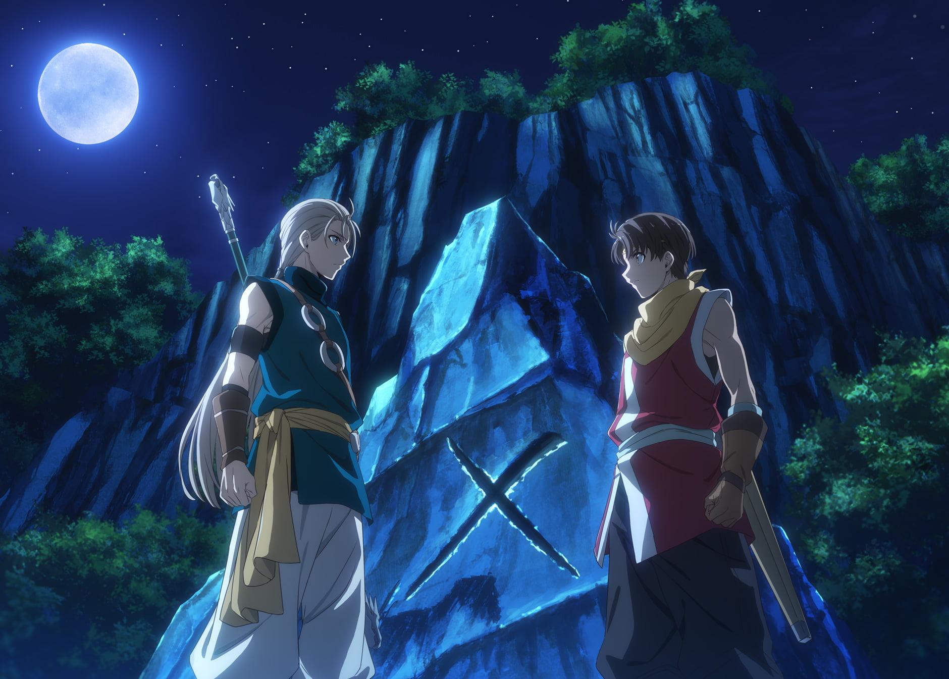 Riliu and Jowy standing face to face at night beneath a moonlit cliff marked with a large X