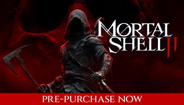 Mortal Shell II official Steam art, a hooded figure with an axe against a red skull (Cold Symmetry)