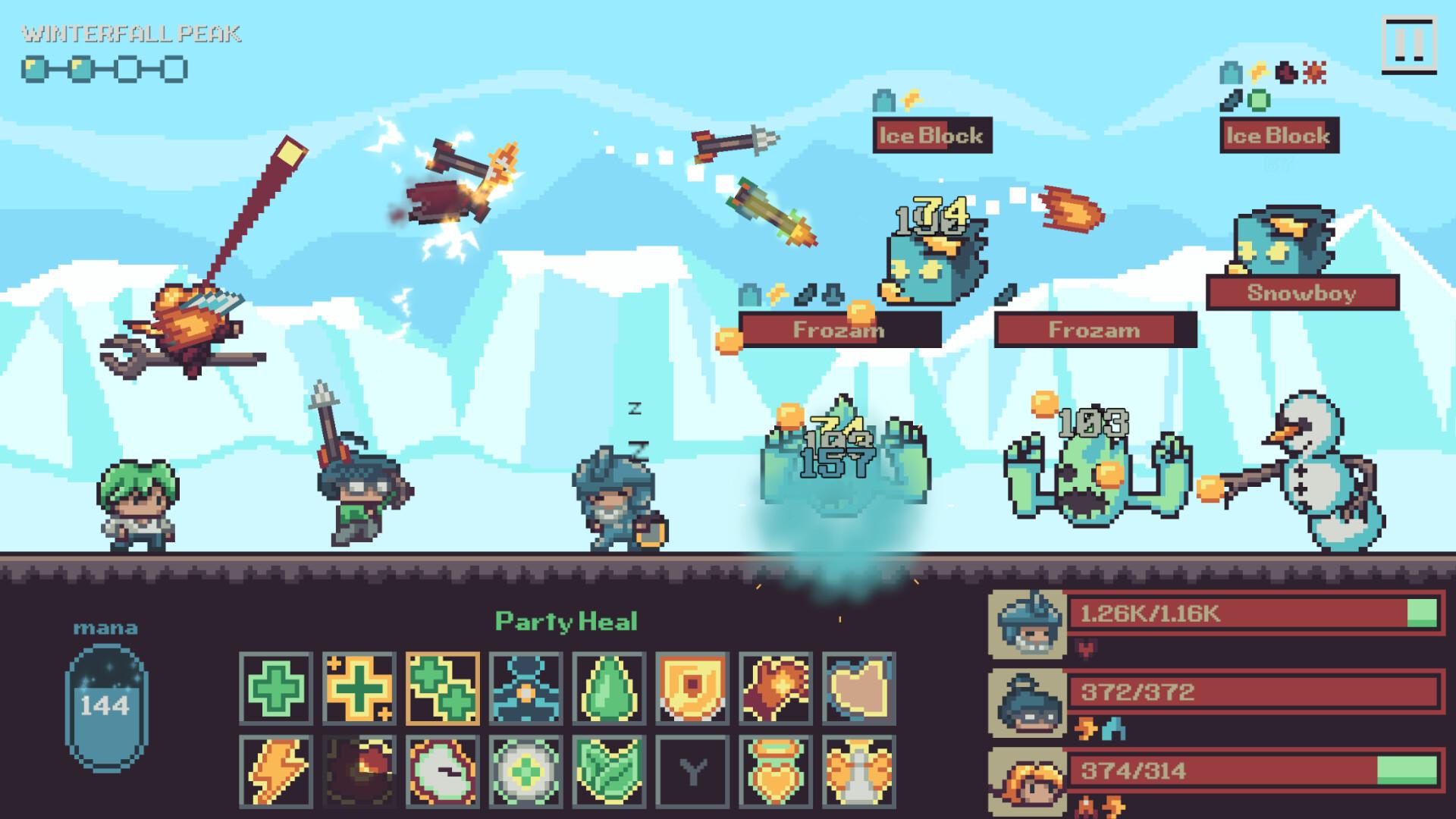 Combat at Winterfall Peak against Frozam and Snowboy enemies, with the tank asleep mid-fight and Z symbols floating above his head