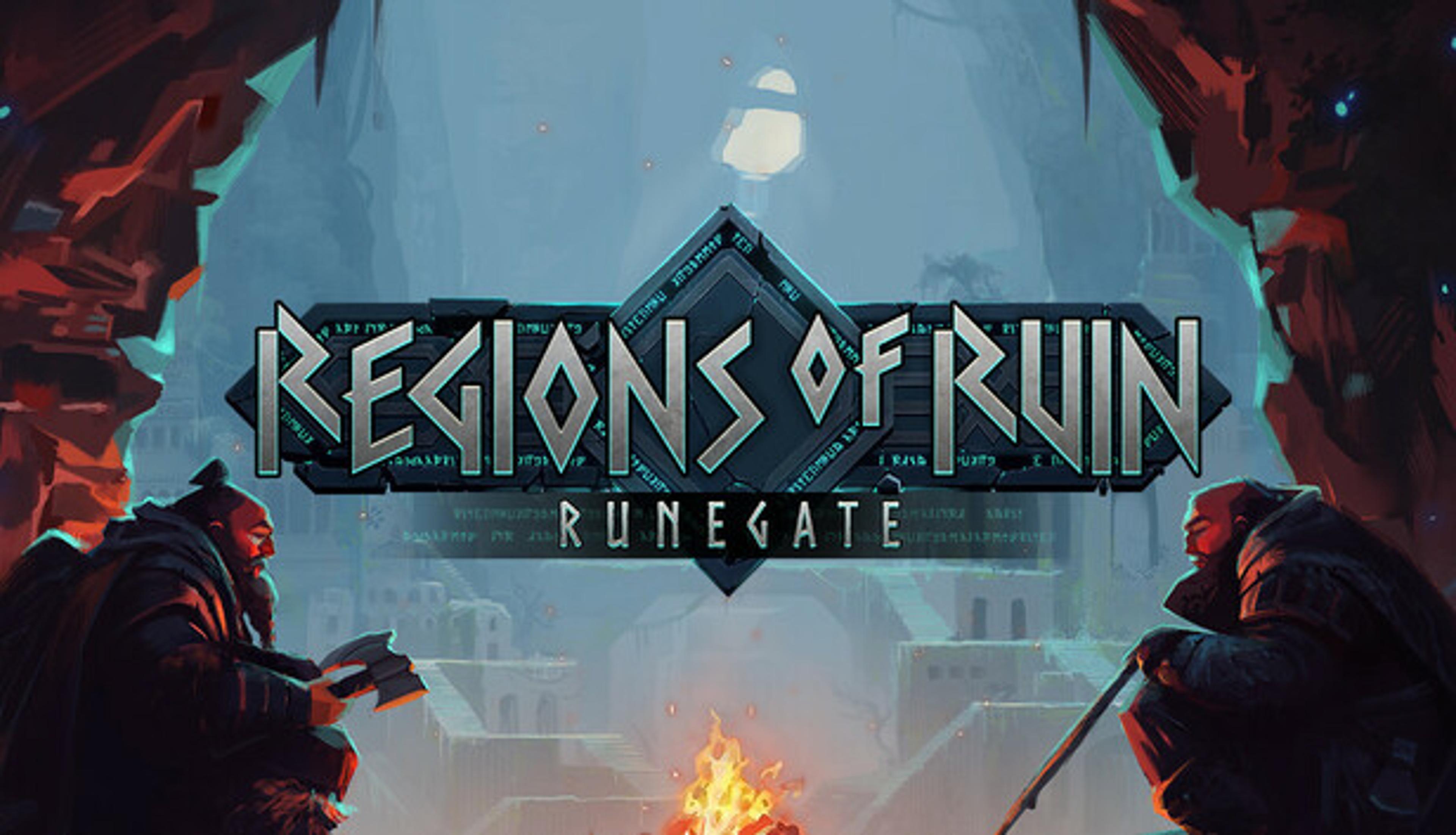 Regions of Ruin: Runegate key art with two dwarves at a campfire beneath the runic logo. Image: Gameclaw Studio / Raw Fury.