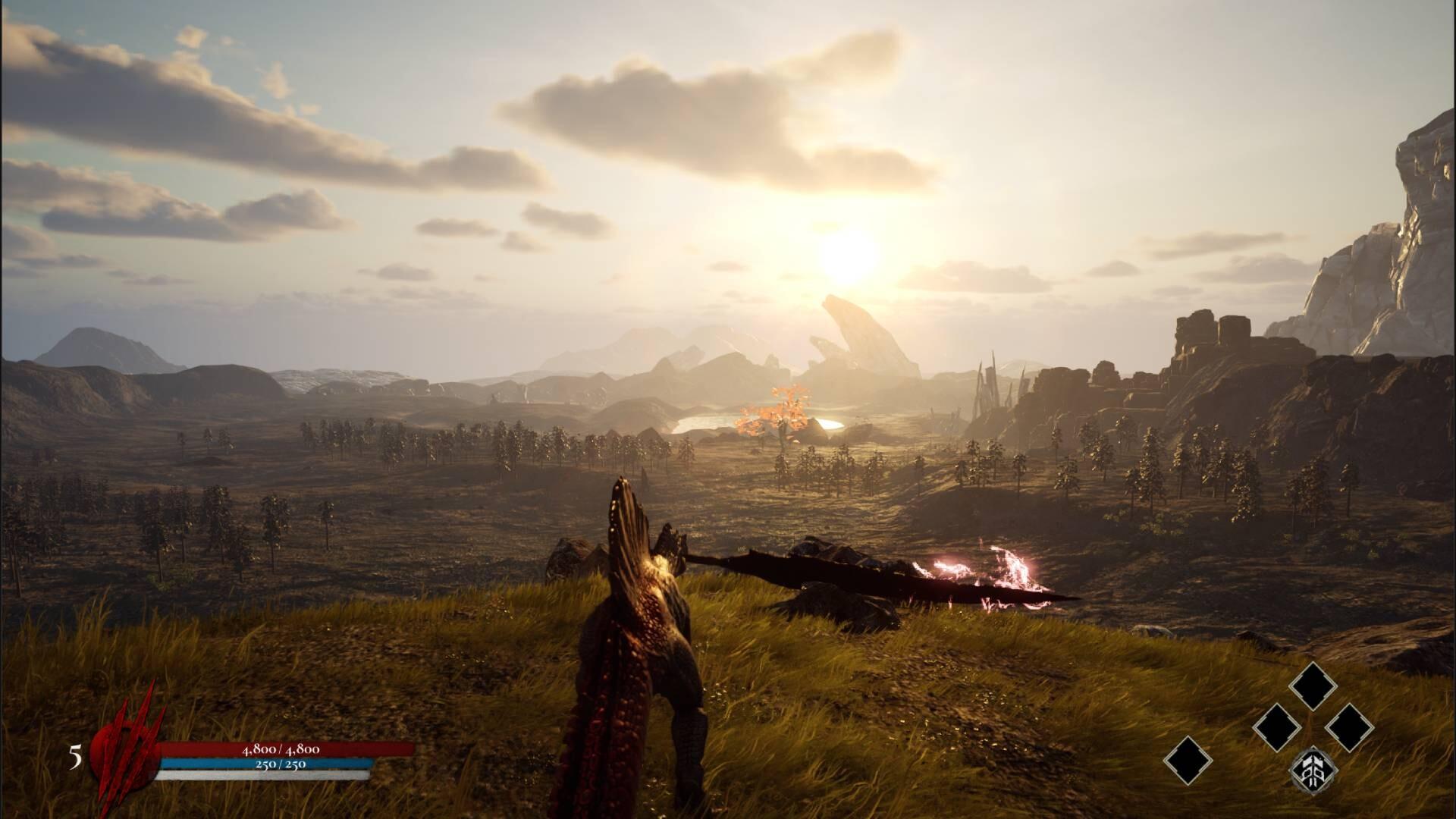 The Spinosaurus stands on a grassy ridge overlooking a vast sunlit prehistoric valley, with health and stamina bars visible in the lower corner of the souls-like HUD.