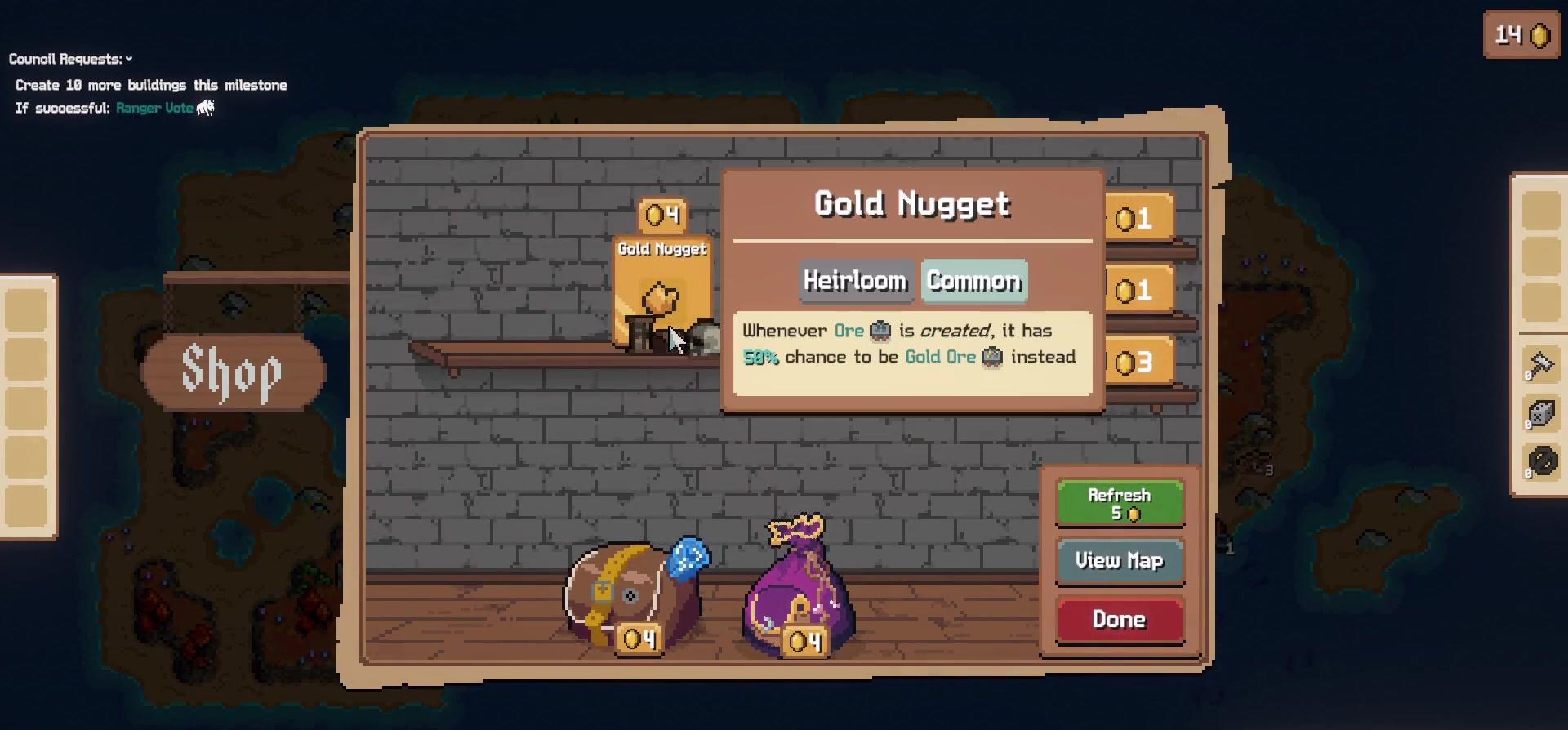 The Combolands shop screen with a tooltip for the Gold Nugget heirloom, which reads: Whenever Ore is created, it has 50% chance to be Gold Ore instead. Buttons offer Refresh for 5 gold, View Map and Done.
