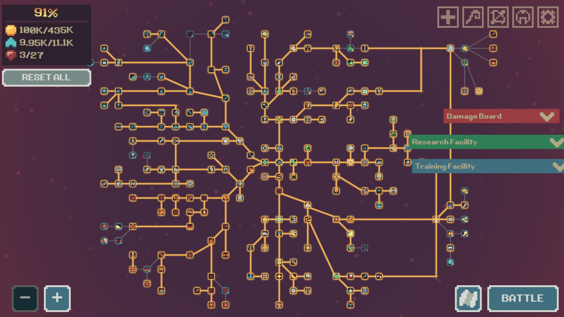 The Master Healer Kale skill tree at 91 percent completion, a dense web of over 200 connected nodes with damage, research and training branches
