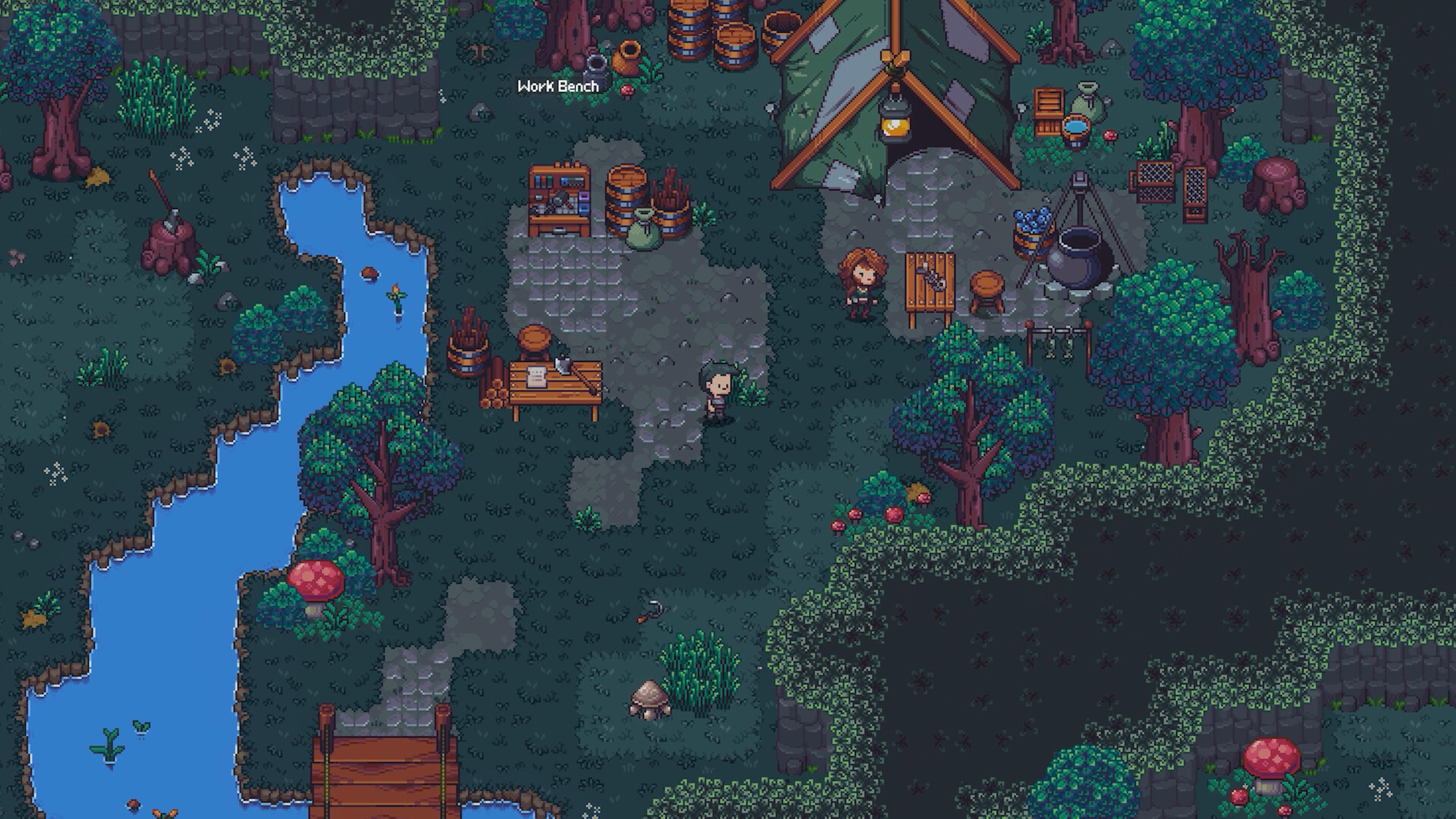 A forest camp with a work bench and cauldron in Emberville. Screenshot: Cygnus Cross.
