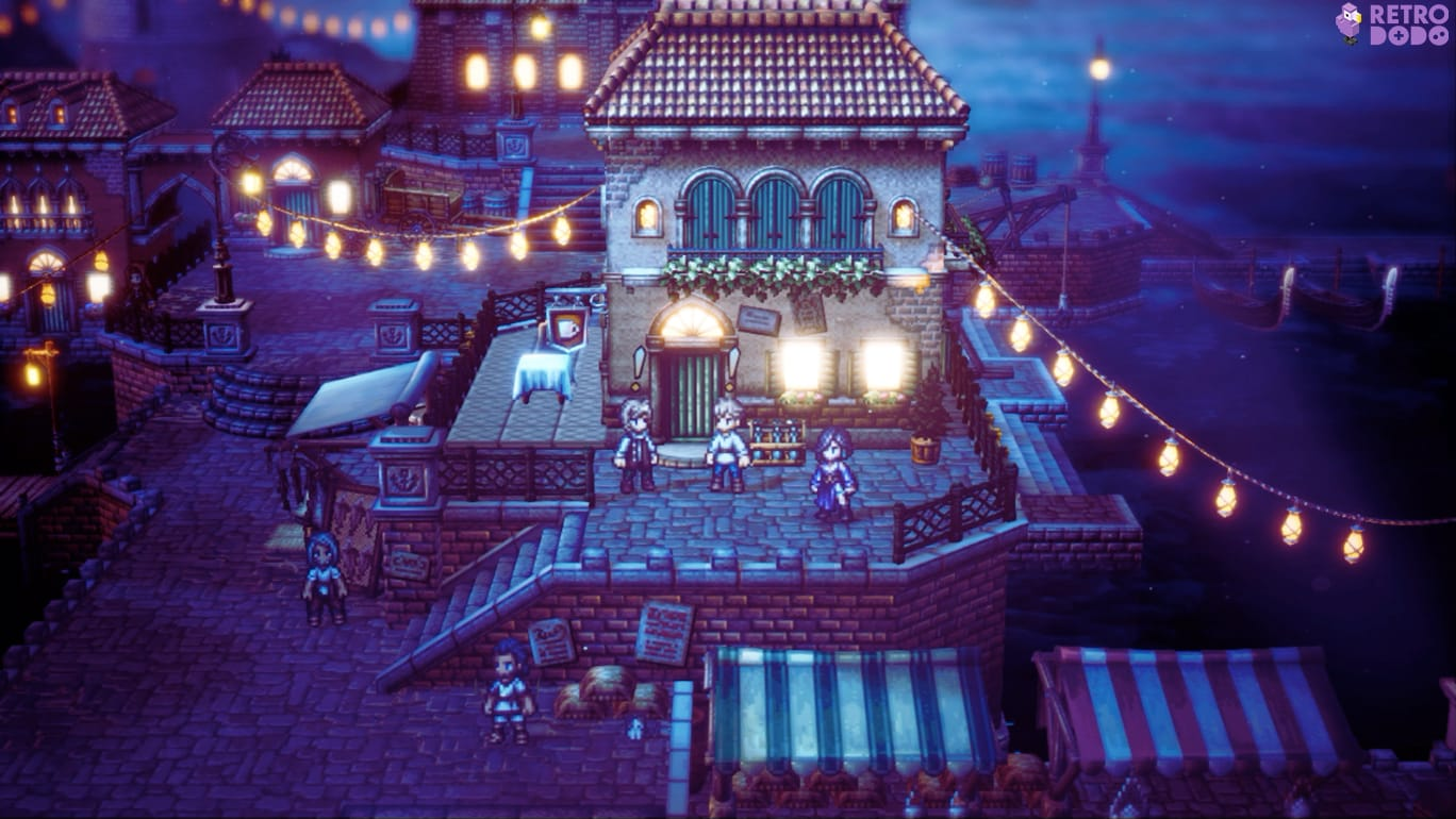 A town square at night strung with lanterns, in HD-2D pixel art