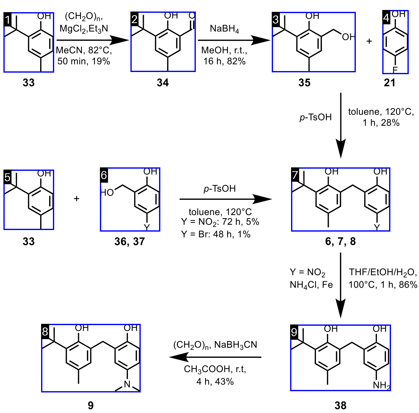 The same reaction scheme with every molecular structure enclosed in a numbered blue box.