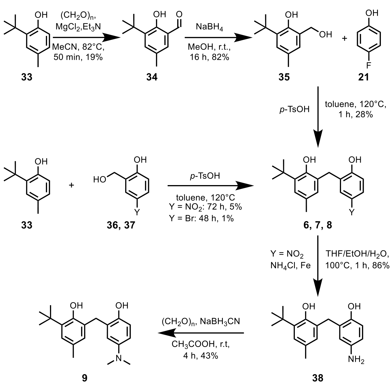 A journal reaction scheme: nine drawn molecular structures connected by arrows, with reagents, solvents, temperatures and yields written above and below each arrow.