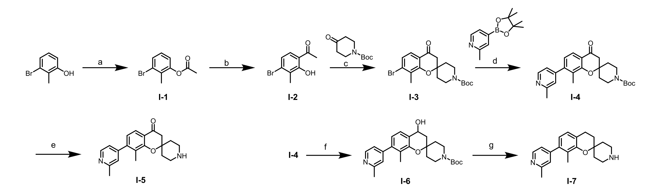 Scheme 1 of the source paper: two rows of drawn molecular structures connected by arrows labelled a through g, building the spiro-chromane core.