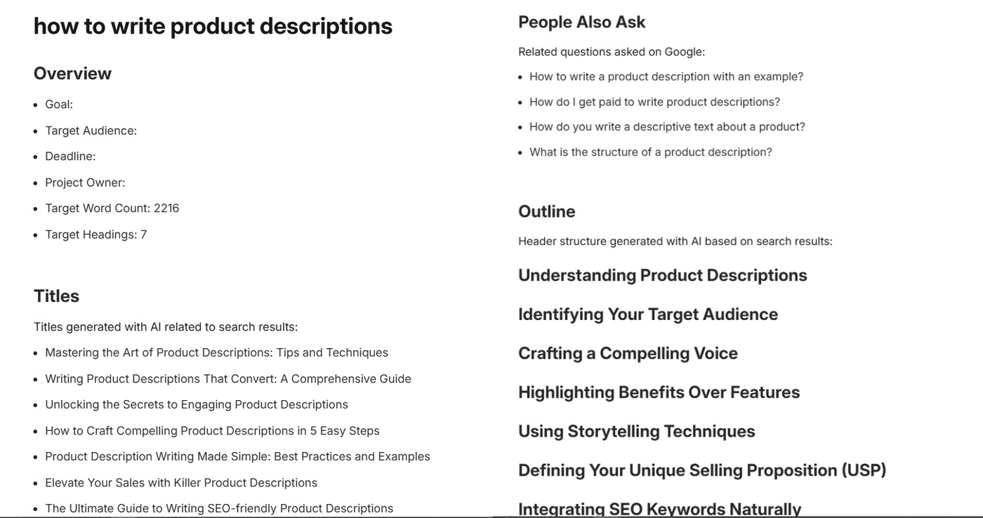 Frase content brief view showing overview fields, People Also Ask questions, and an outline structure