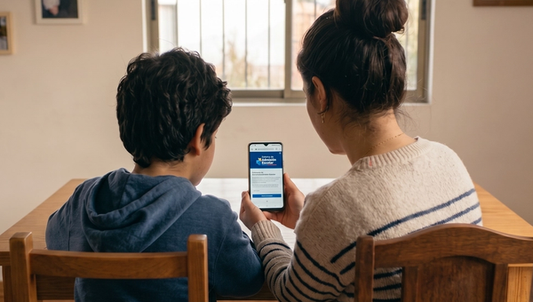 Niño con madre revisando el sitio web del Sistema de Admisión Escolar (SAE) de espaldas a la cámara, sentados en un comedor, en un teléfono celular.