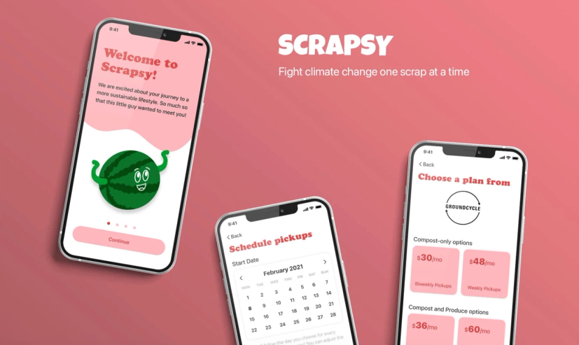 Promo image for Scrapsy. White text on a pink background: Scrapsy | Fight climate change one scrap at a time. Three phones showing the interface of the app: Welcome to Scrapsy! 