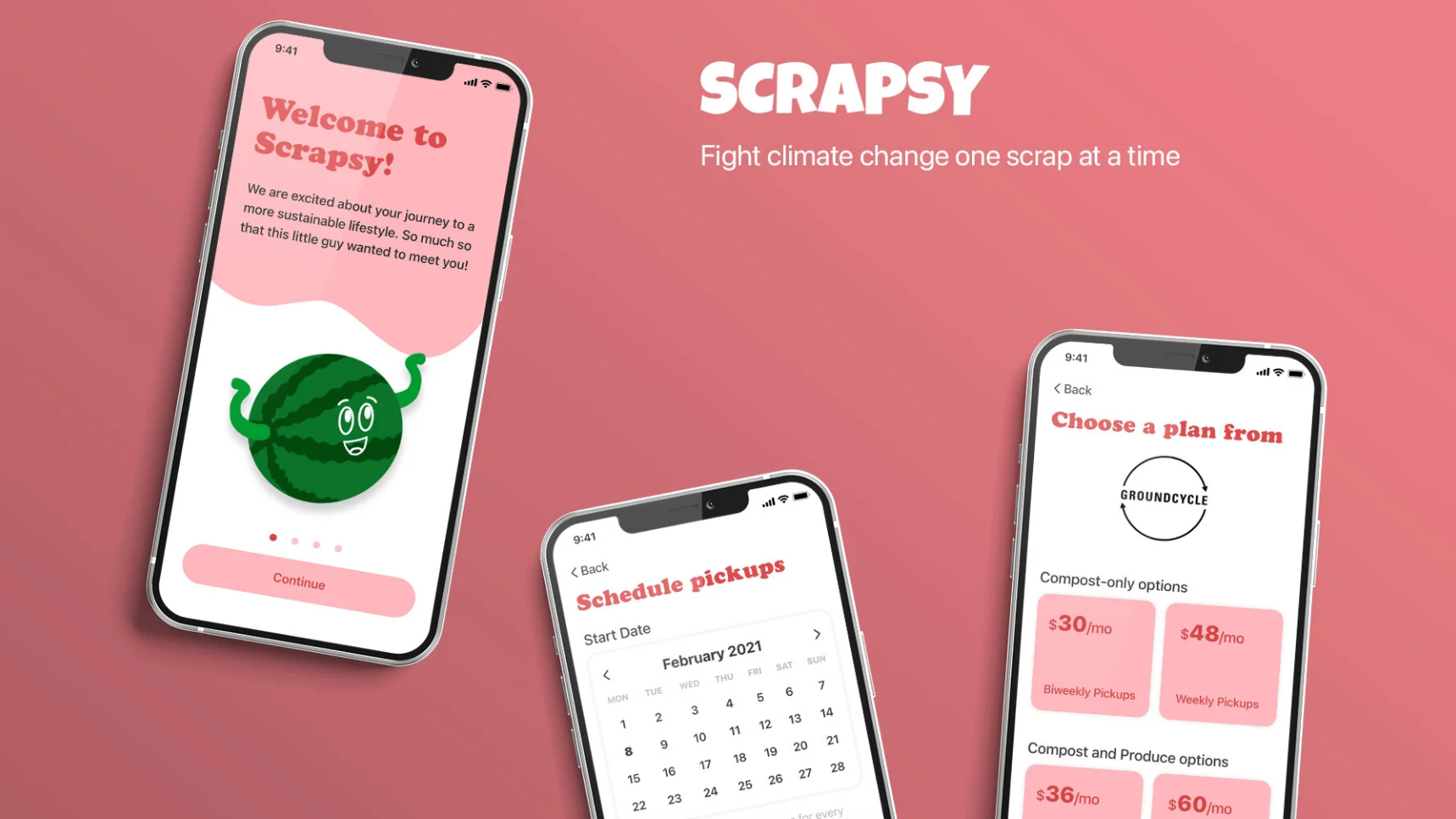 Promo image for Scrapsy. White text on a pink background: Scrapsy | Fight climate change one scrap at a time. Three phones showing the interface of the app: Welcome to Scrapsy!