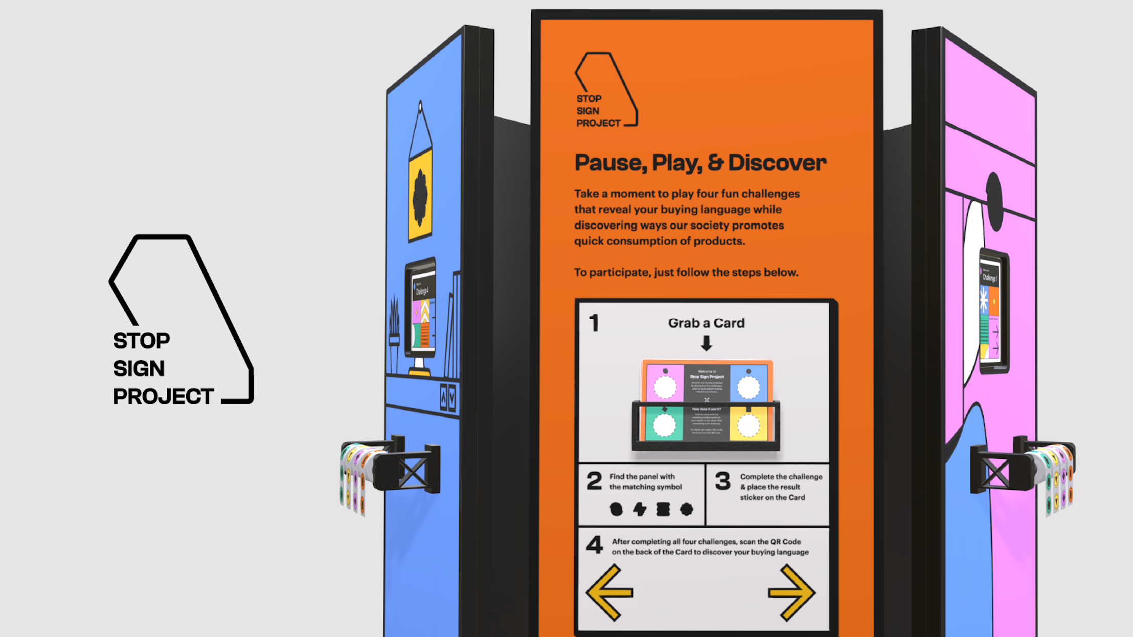 Concept rendering of the Stop Sign Project interactive exhibition. At left is the project's black outline logo on a light gray background. Centered is a tall, orange instructional panel titled “Pause, Play, & Discover,” explaining how visitors participate in four interactive challenges by grabbing a card, matching symbols, completing activities, collecting stickers, and scanning a QR code to discover their “buying language.” Flanking the center panel are blue and pink activity stations, each featuring mounted screens, graphic illustrations, and card dispensers holding colorful challenge cards. The three-panel installation is shown in perspective against a neutral gray background.