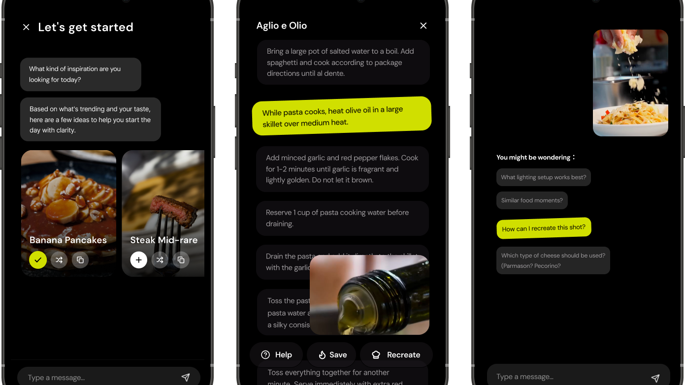 Mobile interface where chefs can explore inspiration for their recipes and storytelling.