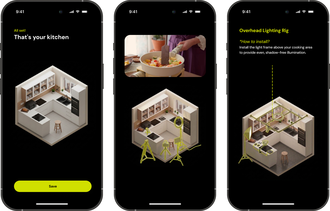 Mobile interface that guides chefs in setting up their recording devices. A 3-D model of their kitchen appears with suggestions of placement for the devices. 